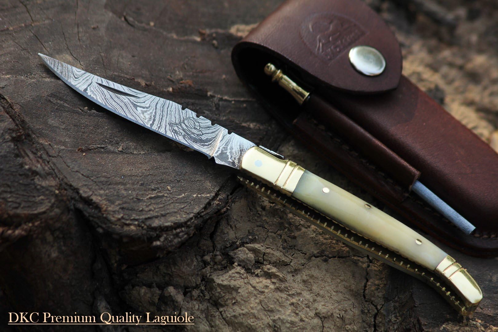 (61 5/18) DKC-62-W White Prince Laguiole Damascus Steel Folding Pocket Knife 4" Folded 7.25" Open 3oz 3" Blade High Class Looks Incredible Feels Great TM