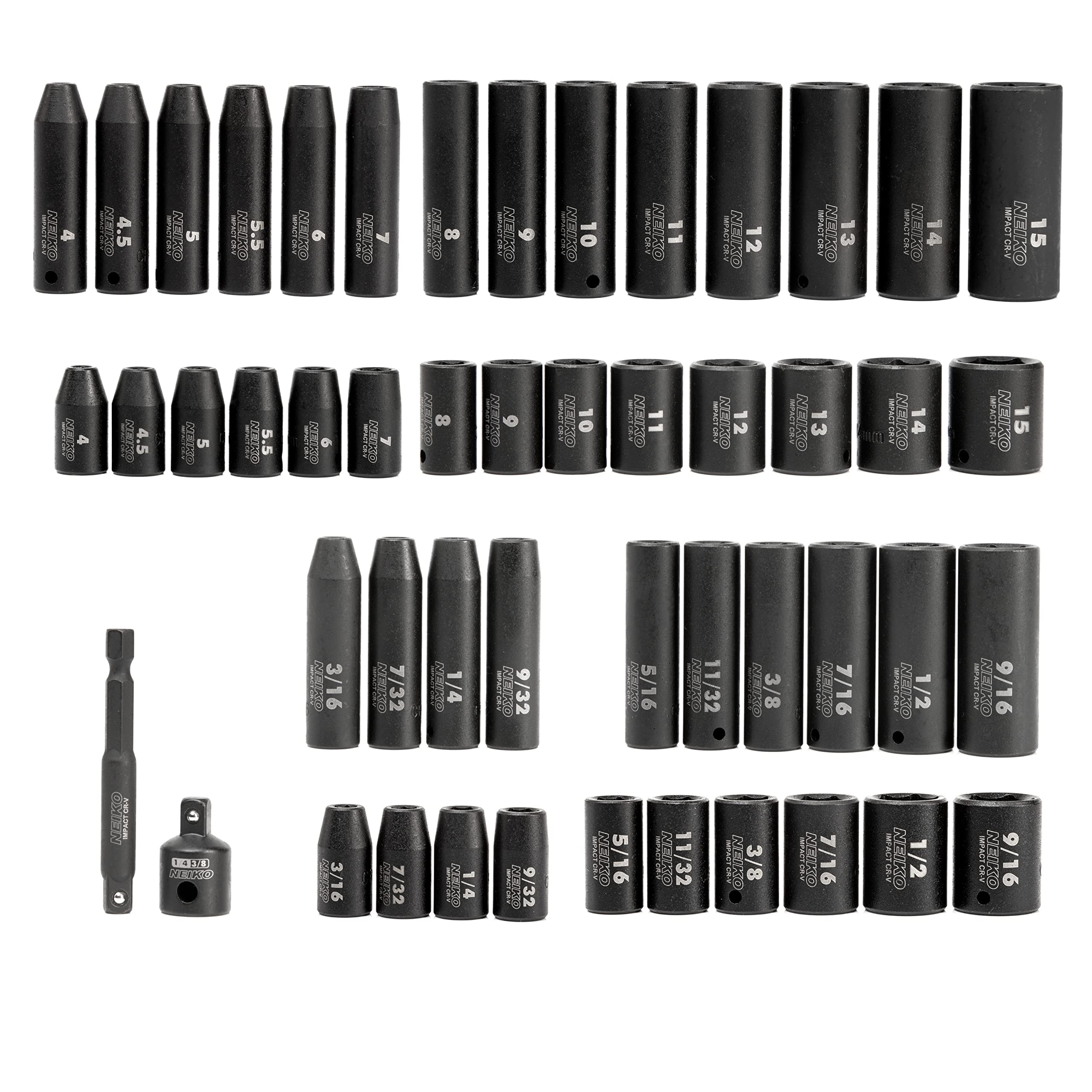 NEIKO 02436A - Set di bussole a percussione da 1/4", 50 pezzi, metrici e standard, profondi e poco profondi, in acciaio al cromo vanadio, riduttore da 3/8" a 1/4", adattatore esagonale, metrica e