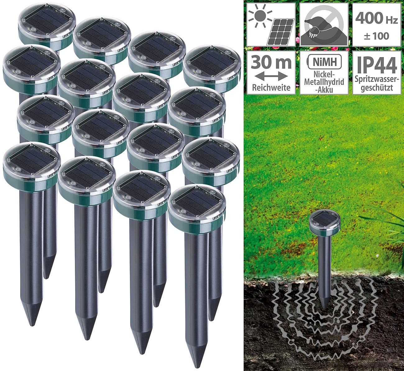 Royal Gardineer Solar-Maulwurfabwehren: 16er-Set Solar-Maulwurffrei-Erdspieße, Akku, 400Hz, bis 11.200m², IP44 (Maulwurf-frei, Maulwurf-Schreck, Maus)