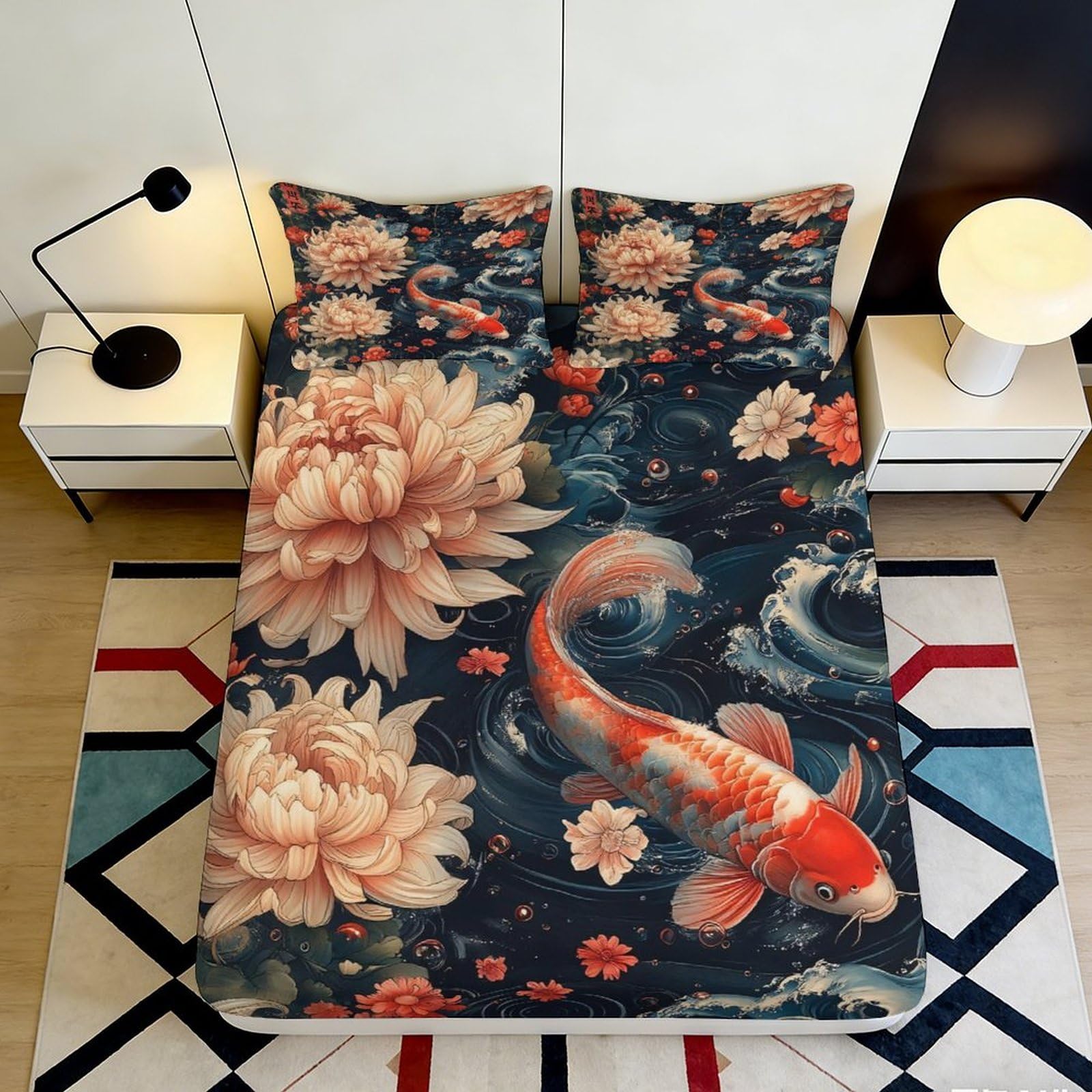 3D Printed Koi Lotus Fitted Sheet Microfiber Deep Pocket Elastic Hem for Bedroom Bedding Koi Lotus Mattress Fitted Cover Washable Protection 90x200x25cm