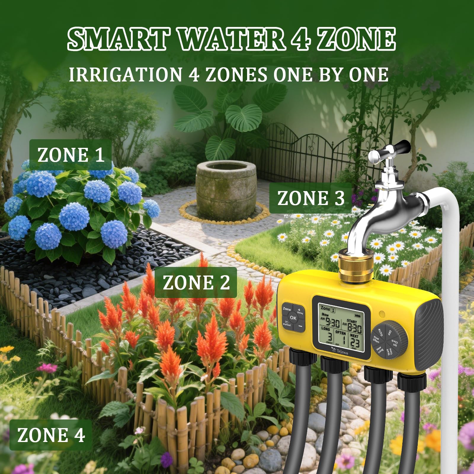 Programmateur Arrosage Automatique AVCE 4 Zone, 2025 Le Nouveau Minuteur Arrosage Automatique AVCE Écran LCD Bouton Manuel pour Un Réglage Facile Applicable de Arrosage Système pour Jardin
