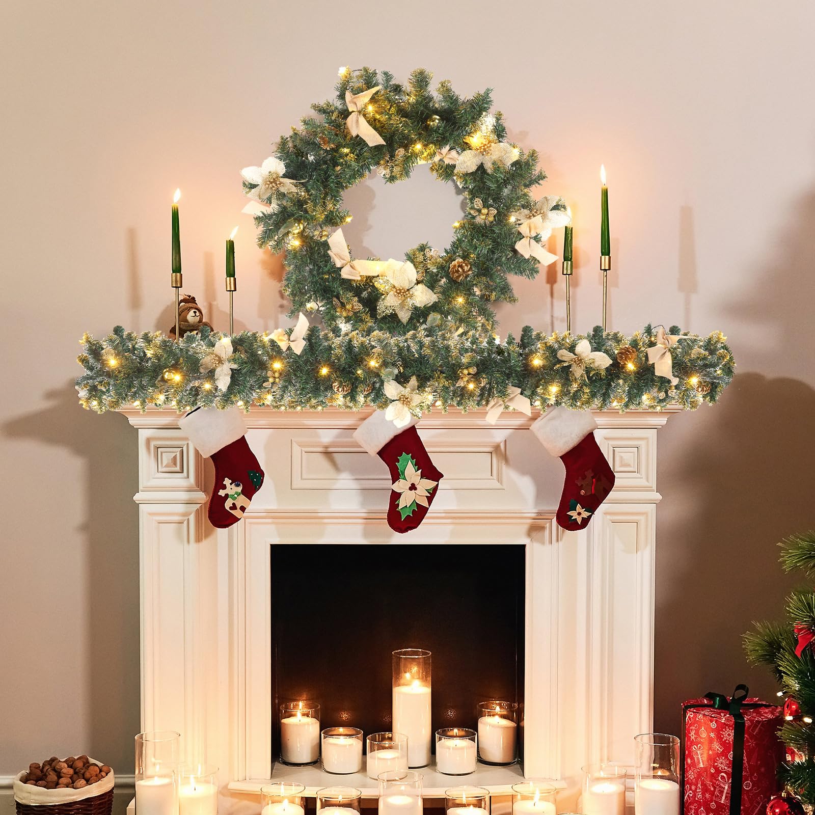 Ceenna Lot de 2 guirlandes de Noël artificielles pré-éclairées de 1,8 m avec lumières - Guirlande de Noël avec baies de pin - Décoration de cheminée pour cheminée - Pour intérieur et extérieur - Pomme