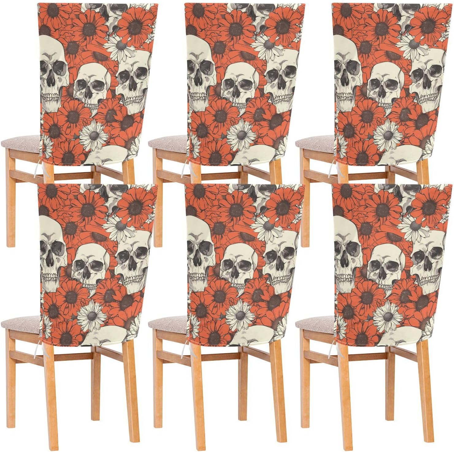 ALAZA Daisy Flowers Skull Chair Back Cover Set of 6, Washable Reusable Removable Chair Slipcovers Decorative Chair Cover for Home Kitchen Wedding Party