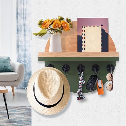 Miniatura 2 de Soporte para llaves y correo para decoración de pared, colgador de llaves bohemio de madera con estante, diseño circular único de dos tonos para
