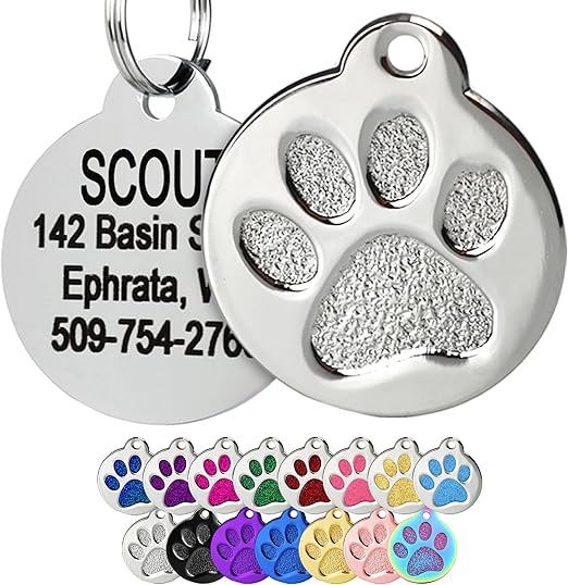 GoTags Paw Print Round Stainless Steel Pet Tag for Dogs and Cats, Personalized with 4 Lines of Custom Engraved ID with Silencer, in Stainless Steel and 15 Colors Small and Large, Silver