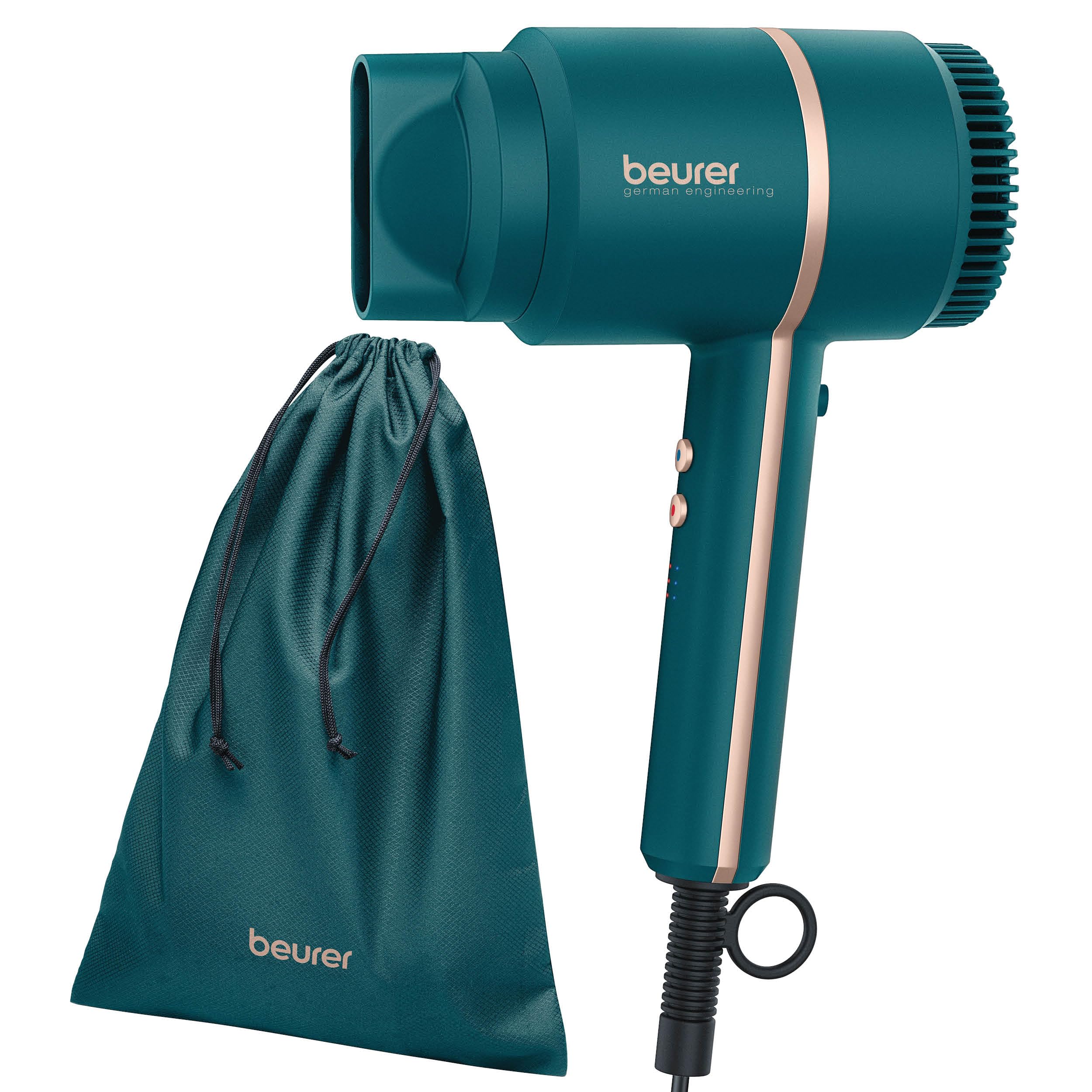 Beurer HC 35 Haartrockner, kompakter Föhn mit Ionenfunktion für glänzendes & geschmeidiges Haar, inkl. Stylingdüse, leistungsstarke 1600-2000 Watt, elegante LED-Anzeige, Aufbewahrungstasche, ocean