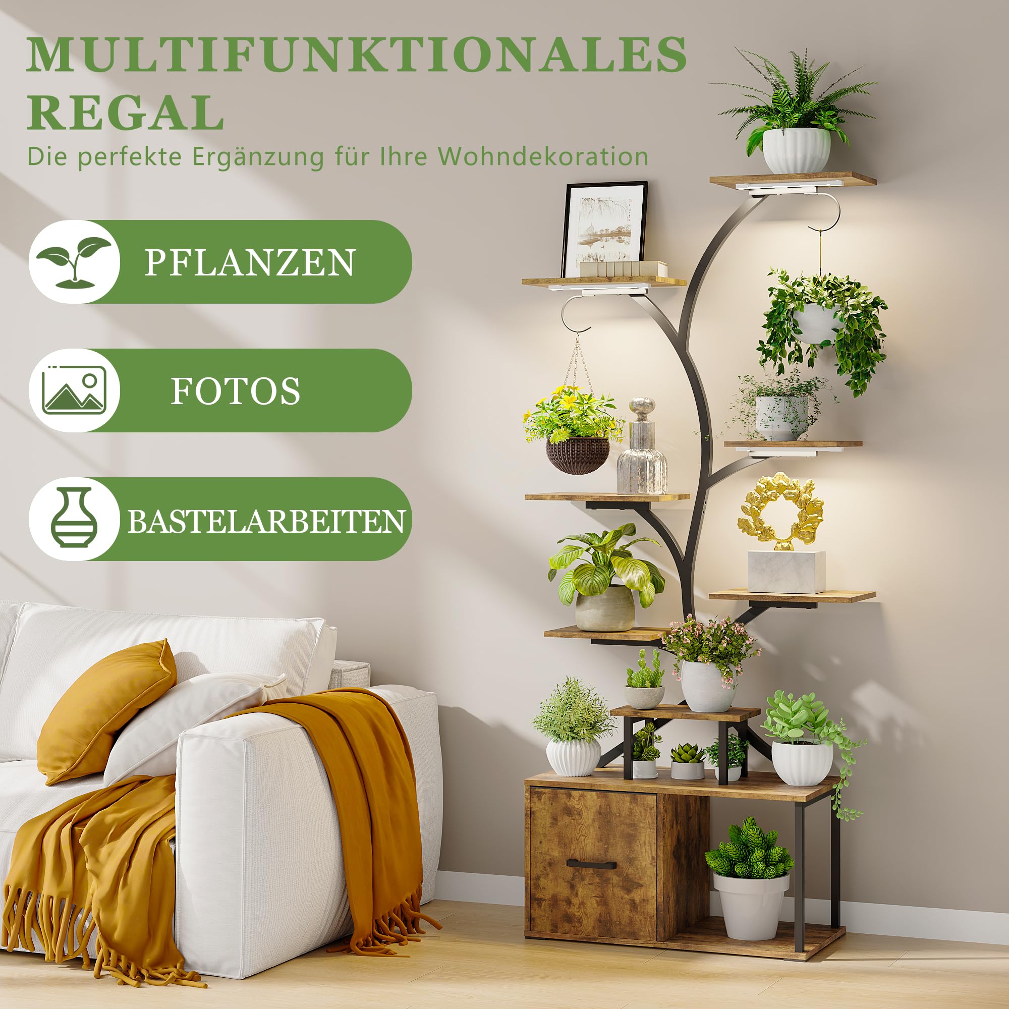 Support de fleurs avec lumières de croissance - Étagère à plantes à 9 étages en bois et métal avec grande capacité de stockage - Armoires - 156 cm - Pour l'intérieur et l'extérieur - Pour balcon