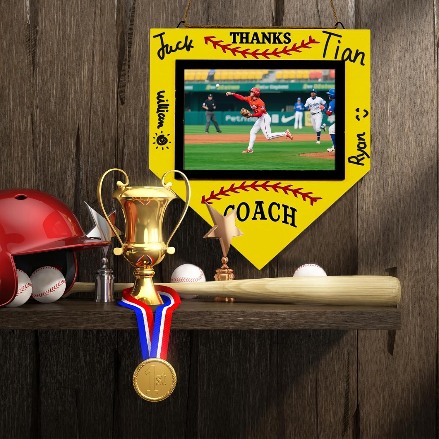 4 Set Softball Thanks Coach Picture Frames with Signature Pens Fits 4 X 6 Inches Plate Photos Wooden Picture Frame Thanks Softball Coach Gift from Team Coaches Appreciation Home Plate Plaque