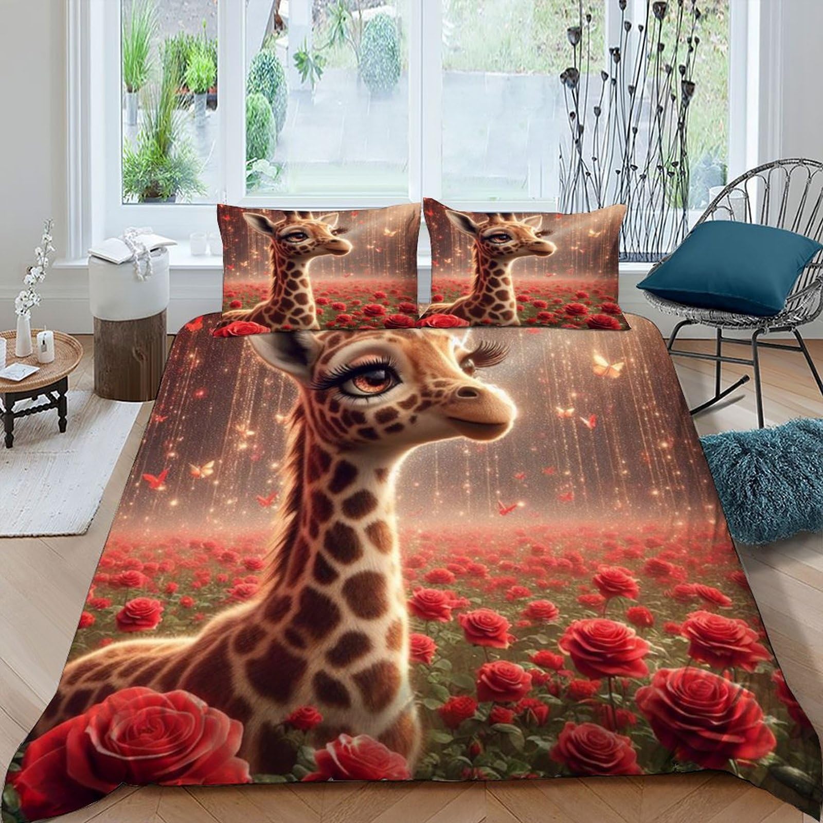 Parure de lit girafe microfine 220x240 cm comprenant housse de couette et taies d'oreiller