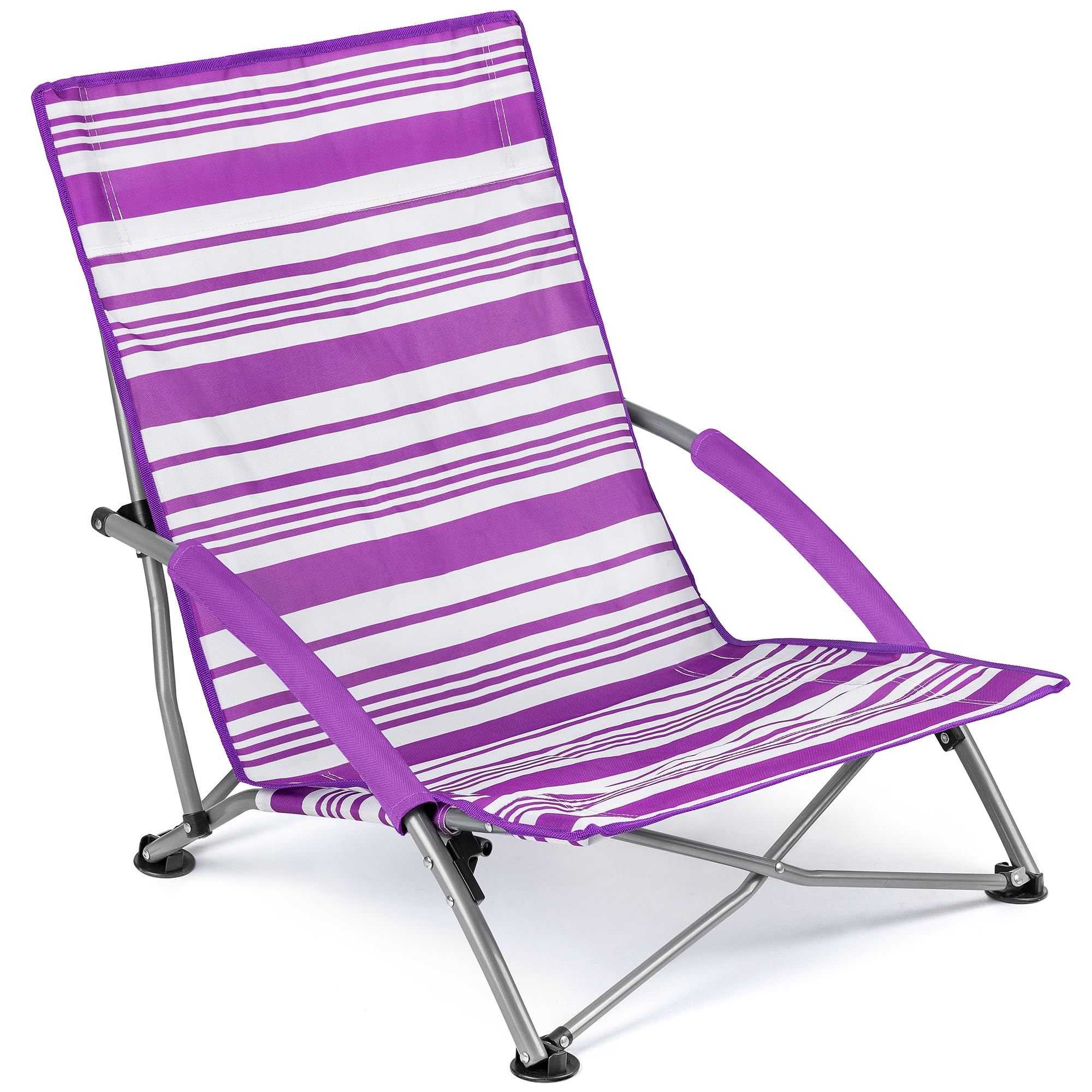 Trail Low Folding Beach Chair, Lightweight Portable Deck Sun Lounger Seat, Camping Festival Picnic Garden, Padded Armrests, Anti Sink Feet, Carry Bag with Strap (Purple Stripe)