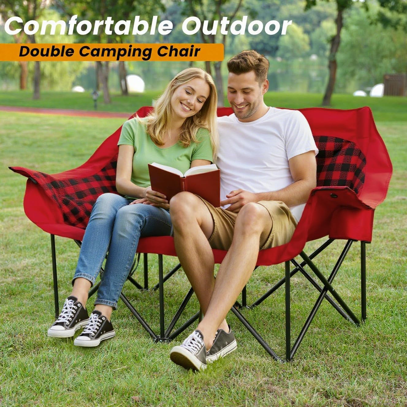 QUYUAN Double Seater Camping Chair, Padded Loveseat Chair for 2 Person, Oversized Heavy Duty Folding Camp Chairs, Camping Couch for Soccer Games, Tailgating, RV Travel, Beach Days, Outdoor Sofa (Red)