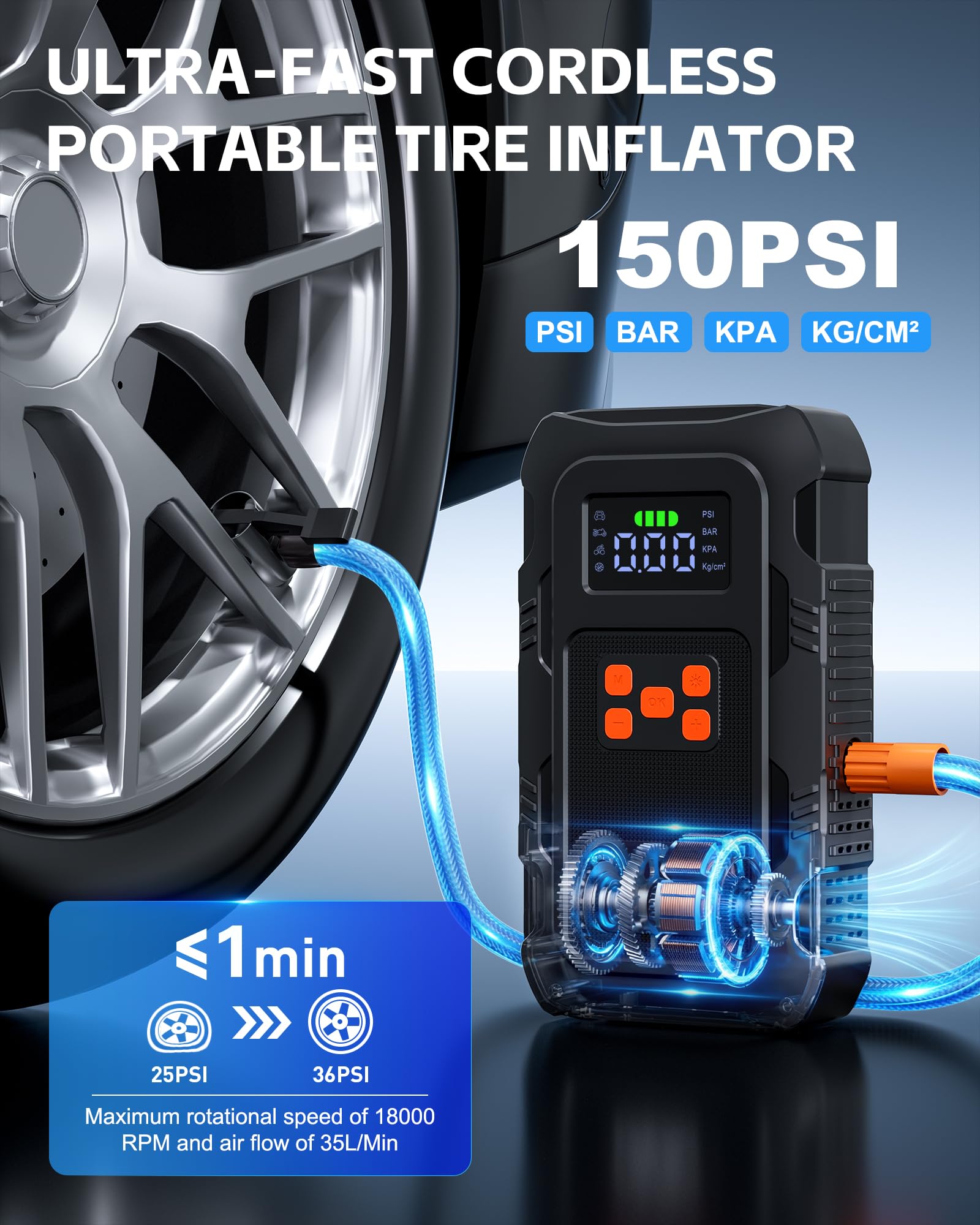 Povasee Starthilfe Powerbank für Pkw mit Kompressor 150 PSI, 6000A Starter Powerbank mit Elektrische Luftpumpe, 12V Auto Starthilfe (10L Benzin/8L Diesel), Jump Starter mit Taschenlampe (Orange)