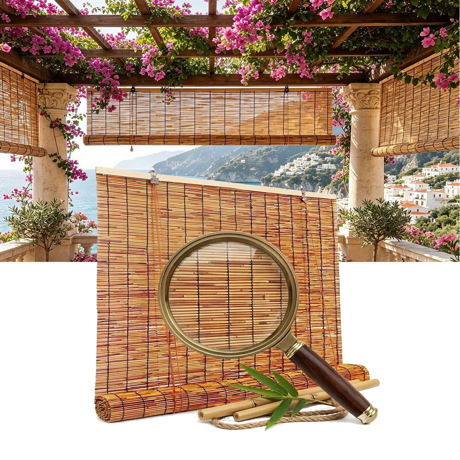 CMJYMX Retro Light Filtering Bamboo Blinds, Waterproof Roller Shades Natural Curtains With Lifter, Privacy Screen Bamboo Roll Up Easy To Install 20" 31" 43" 51" 55" 59"(140x190CM/55x74IN(WxH))