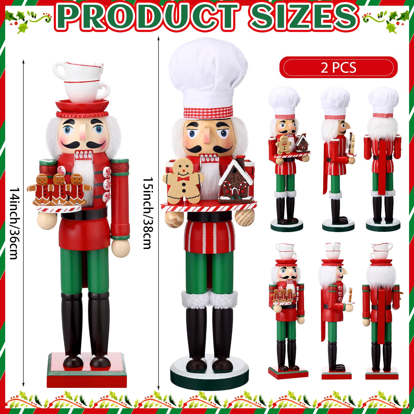 Soaoo Nussknacker-Ornament, 38,1 cm, Nussknacker-Figuren, traditioneller Nussknacker, Soldat, Weihnachtsdekoration für Schreibtisch, Tisch, Sammlerstück, Dekoration, elegant, 2 Stück