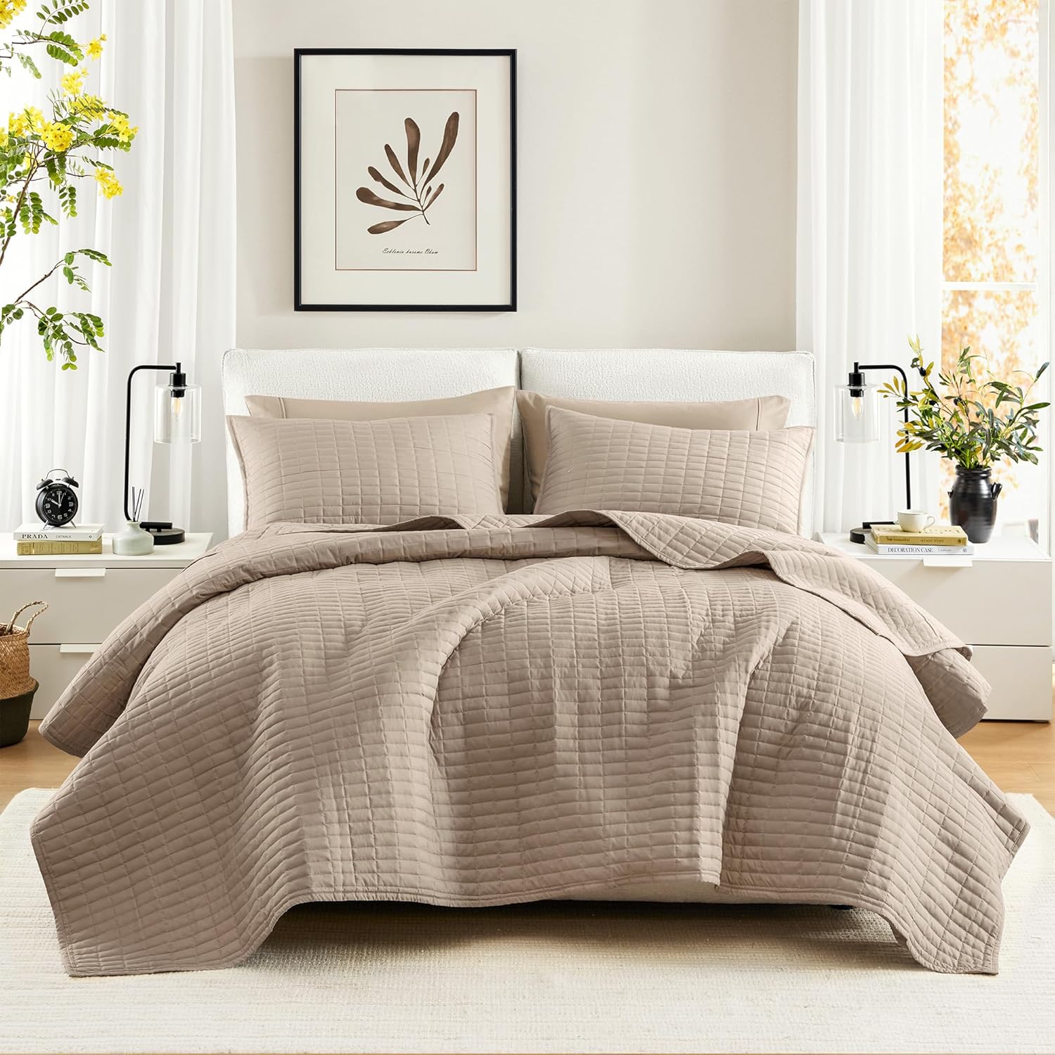 Comfort Spaces Kienna Quilt Set-Luxury Double Sided Stitching Design Summer Blanket, Lightweight, Soft, All Season Bedding Layer, Matching Sham, Taupe, Coverlet King (104"x90") 3 Piece Quilt King/Cal King(104"x90") Taupe Plaid