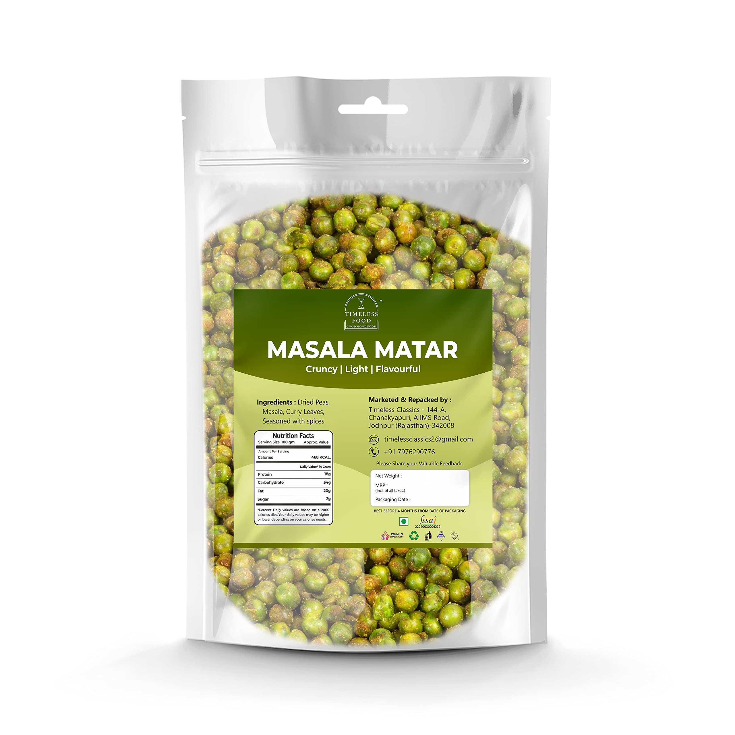 Timeless Food Masala Matar | Premium Roasted Spicy Green Peas | Masala Namkeen Snacks | Crunchy & Flavorful Treat