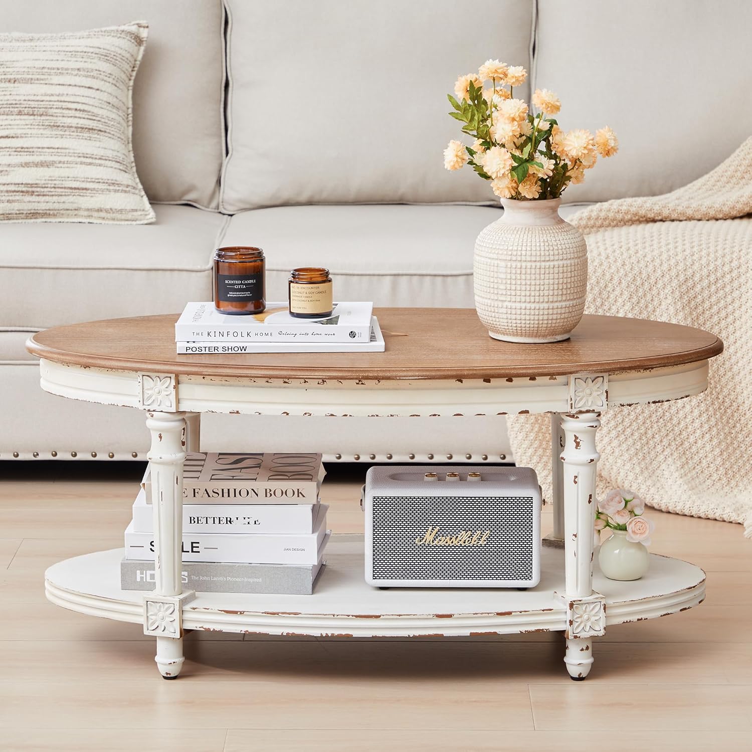 BERRYMERRY 39" French Country Two Tone Oval Coffee Table,Chipped White Vintage 2 Tier Center Table with Storage for Living Room Office,Tool-Free Assembly (White)