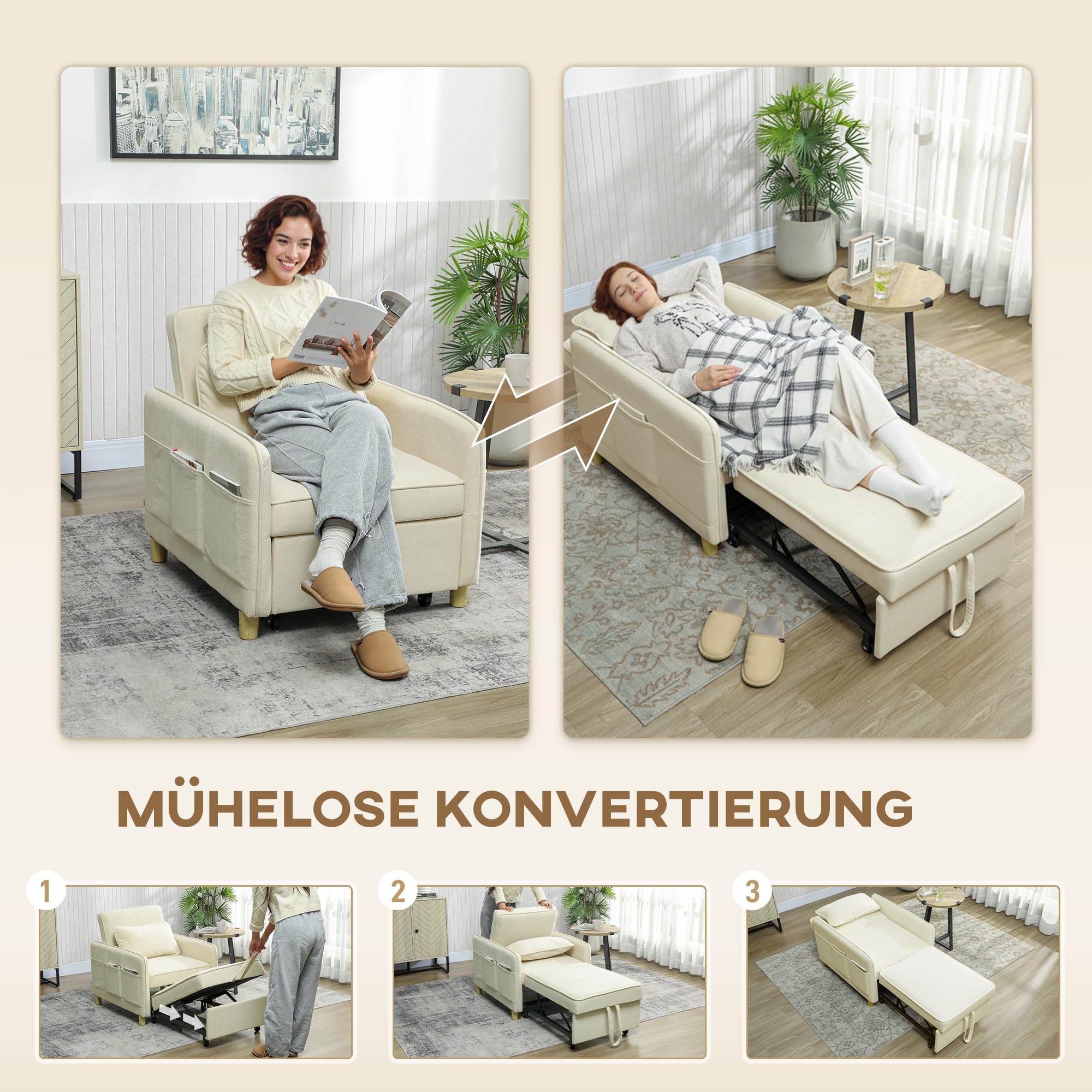 HOMCOM Fotel rozkładany 180x60cm 3 w 1 z funkcją łóżka, szerokie siedzisko, regulowane oparcie, poduszka lędźwiowa, sofa z kieszeniami bocznymi, aksamit kukurydziany do salonu, kolor beżowy