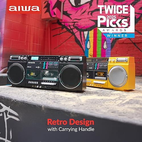 Miniatura 7 de aiwa Reproductor de CD Boombox retro con grabación de cassette, Bluetooth 5.0, radio FMAM, entradas USBSDAUX, medidores VU, pantalla LCD, altavoces