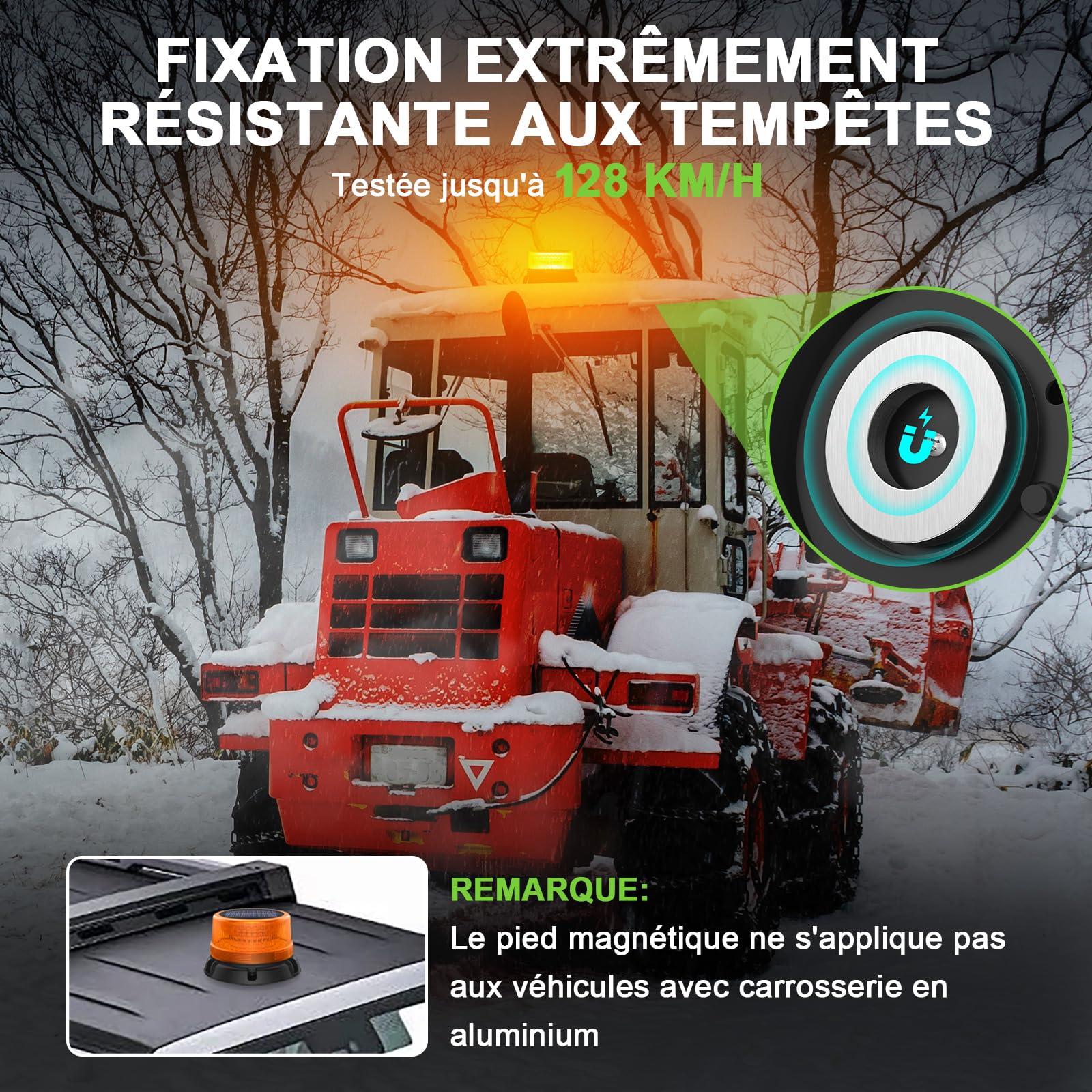 Gyrophare LED Orange sans Fil, Feu d'Avertissement Rechargeable | Socle Aimanté, Panneau Solaire, Étanche IP65, pour Tracteur, Camion et Chantier, 2 Modes Flash