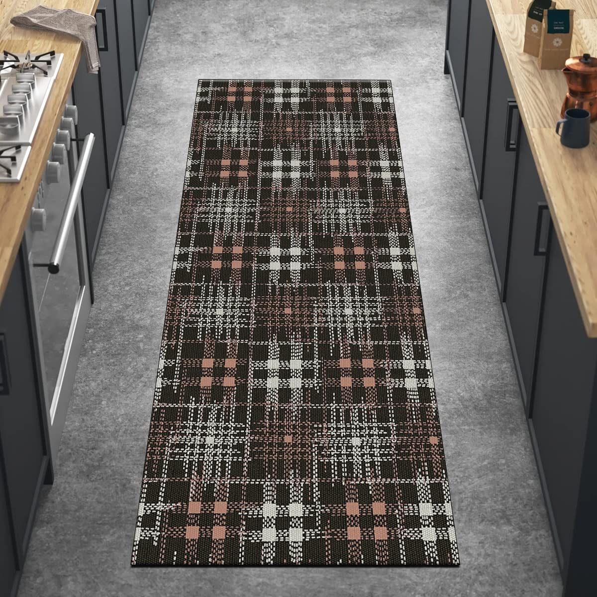 Przedpokój nowoczesne chodniki dywan 80 x 350 cm tartan czarny brązowy dywan mata antypoślizgowy zmywalny chodnik do kuchni sypialni korytarza schody drzwi z możliwością personalizacji