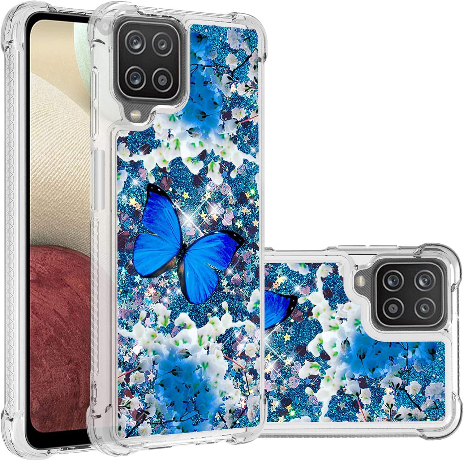 CAIYUNL for Galaxy A12 Case with Tempered Glass Screen Protector,Glitter Bling Floating Liquid Sparkle Quicksand Women Girls Clear TPU Cute Phone Case Protective for Samsung Galaxy A12 -Blue Butterfly