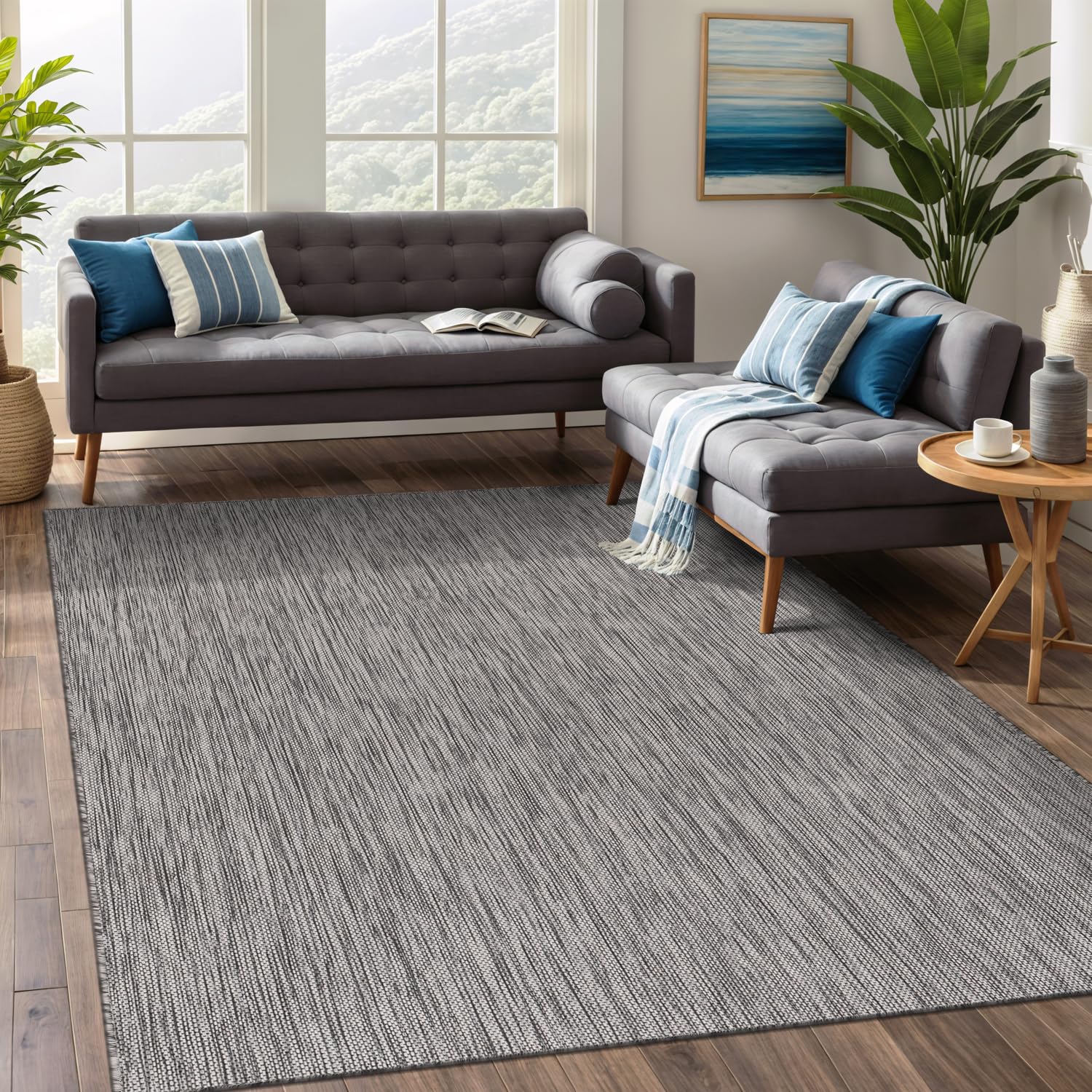 Beverly Rug Indoor Outdoor Rug 5x7, Washable Outside Carpet for Patio, Deck, Porch, Solid Modern Area Rug, Water Resistant, Silver Gray