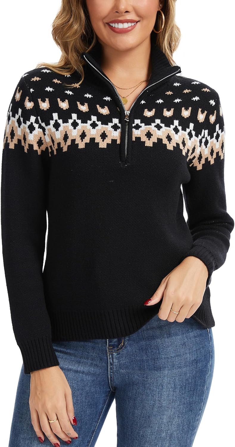 Anienaya Women's Fair Isle Sweater Quarter Zip Turtleneck Casual Slim Fitted Knitwear Lightweight Fall Winter Pullover Tops