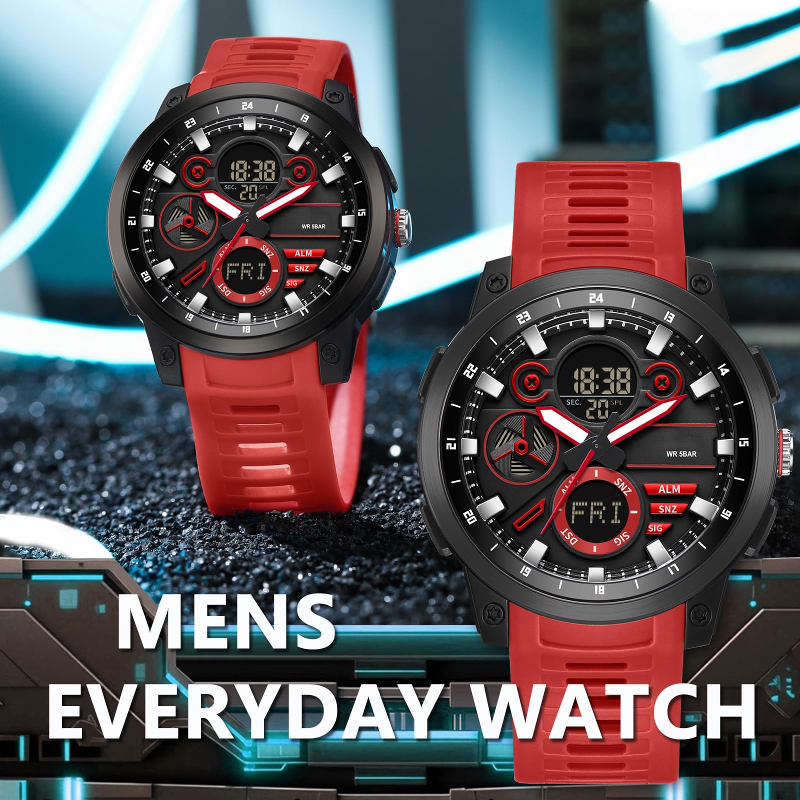 findtime Montre numérique tactique militaire pour homme - Étanche jusqu'à 5 ATM - Montre de sport analogique avec 12/24 h, rétroéclairage LED, alarme, chronomètre, compte à rebours