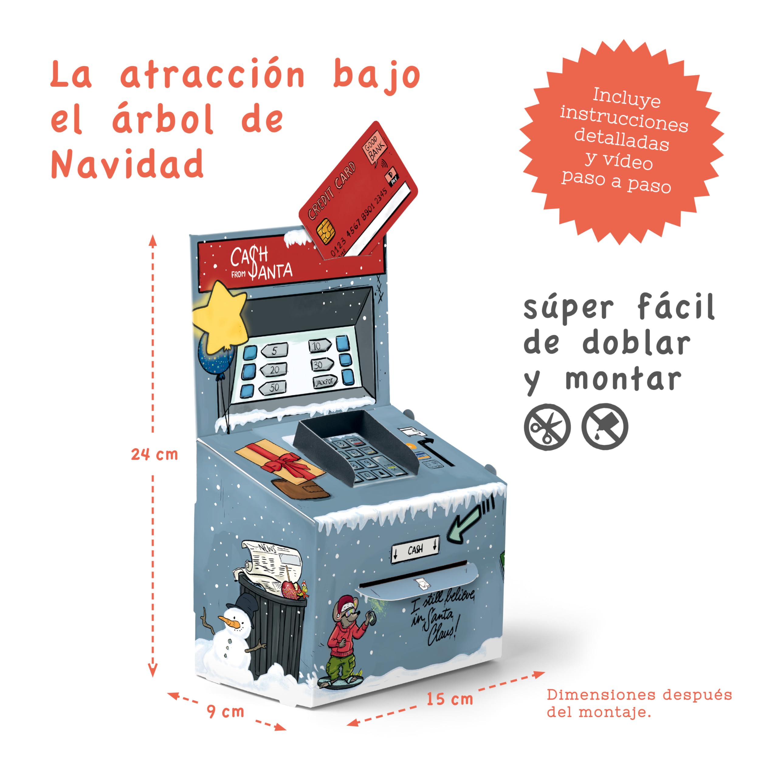 SURPRISA Money O-Mat Xmas Embalaje de Regalo de Dinero - Cajero Automático DIY Creativo, Idea de Regalo Original para Navidad y Ocasiones Especiales - Incluye Diseño Personalizado