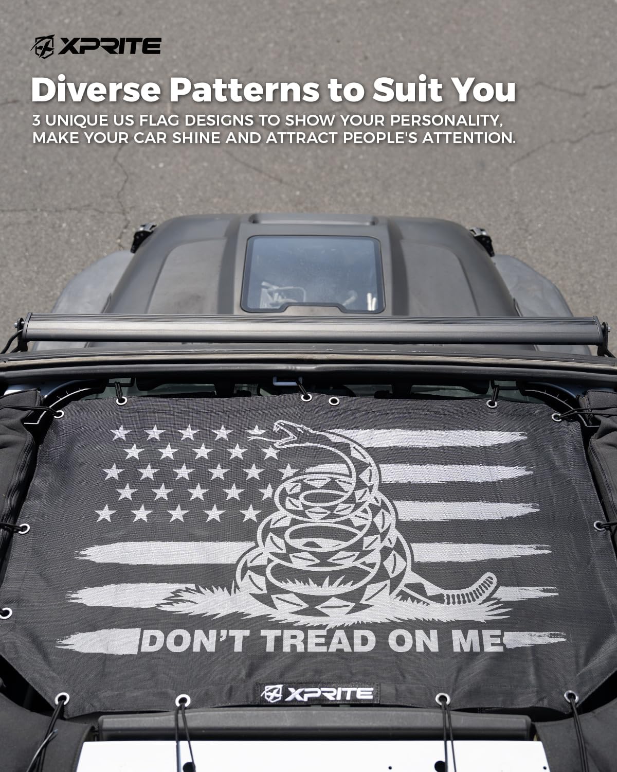 Xprite Gadsden Flag Sunshade Compatible with 2018+ Jeep Wrangler JL & 2020+ Gladiator JT 2/4 Door, Front Sun Shade Mesh - Nice Heat/UV/Wind/Noise Blocking Bikini Top Cover