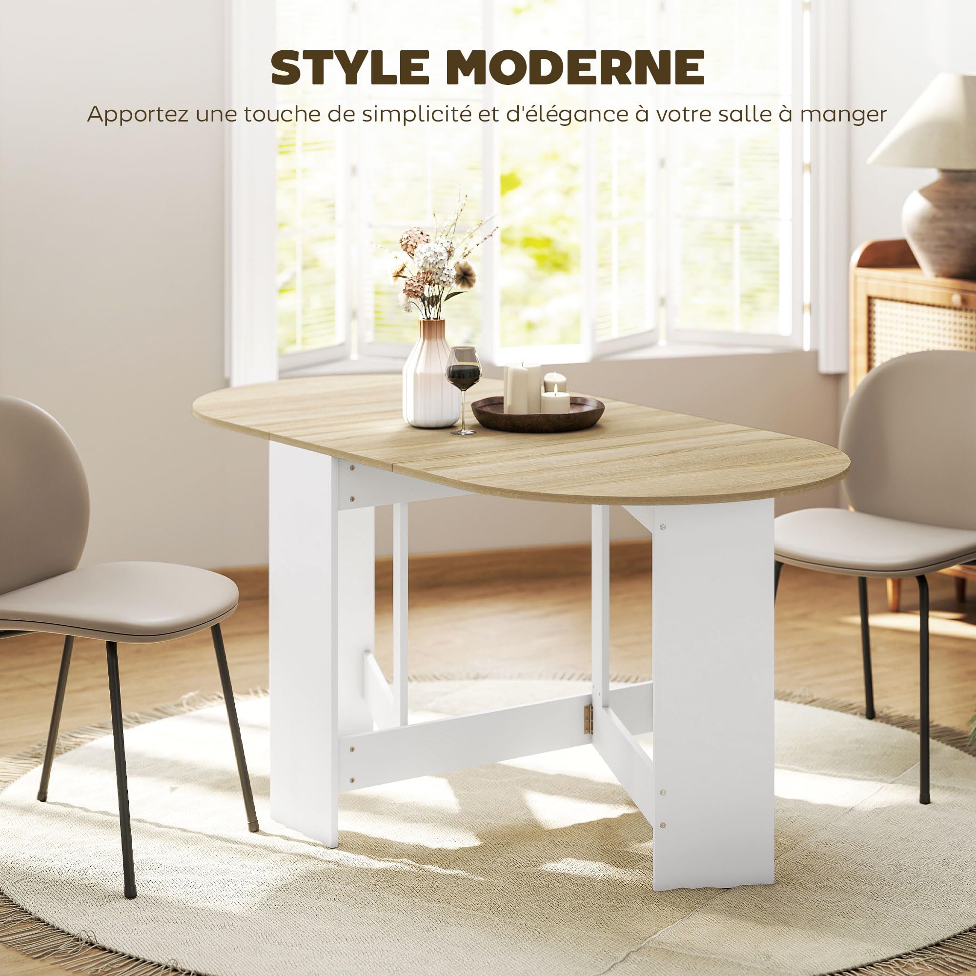 HOMCOM Tavolo da pranzo pieghevole fino a 6 persone in legno naturale e bianco | Tavolo pieghevole cucina ovale per piccoli spazi, sala da pranzo
