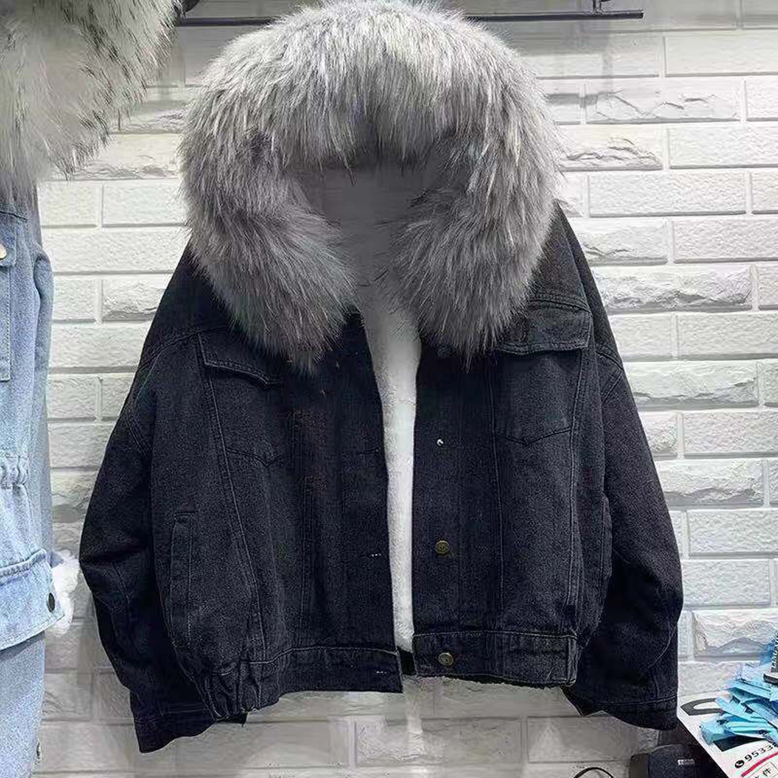 IQYU Chaqueta vaquera con pelo para mujer – Chaqueta de invierno para mujer, chaqueta larga y cálida, forro polar, con capucha, para adolescentes, para exteriores, chaqueta vaquera, chaqueta vaquera,