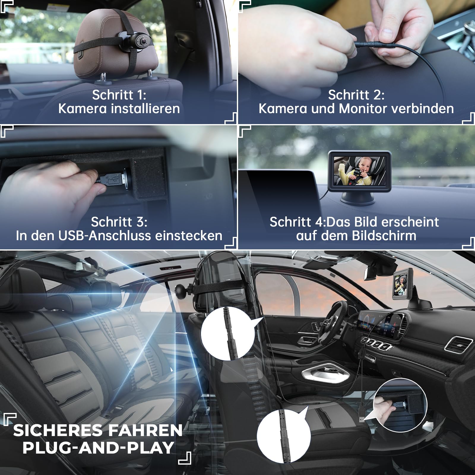 GEARMONSTER Cámara de coche para bebé HD 1080P, cámara trasera de 4,3 pulgadas con monitor, tarjeta TF de 32 GB, USB plug-and-play, visión nocturna, visión nocturna para el asiento trasero del coche