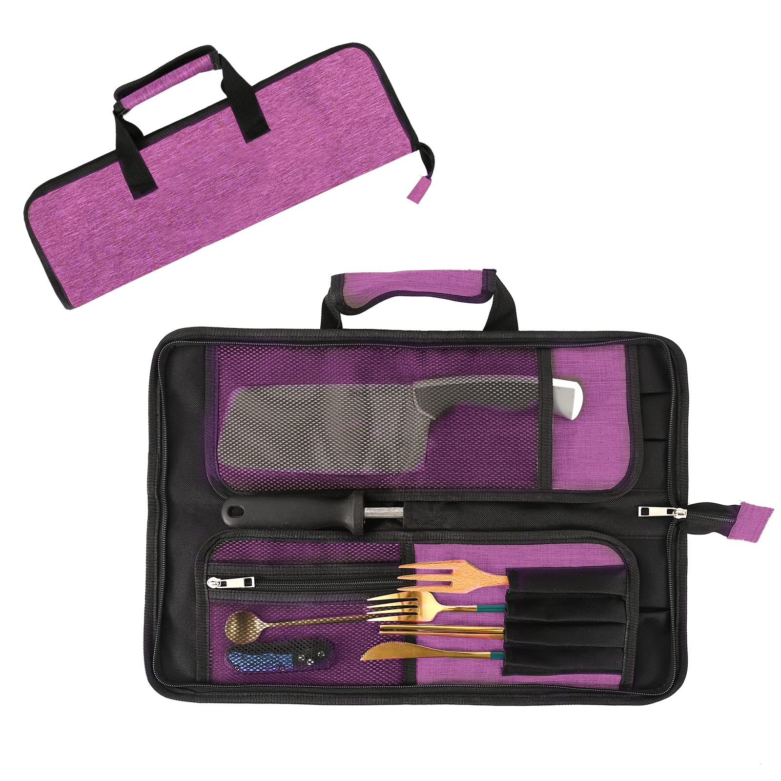Qchengsan Chef’s Knife Roll Bag, Heavy Duty Oxford Chef Knife Bag, Portable 13 Slots Chef Knife Case, Multi-Function Cutlery Knives Pouch Holder Knife Wrap Wallet Tool Roll (Rose Red)