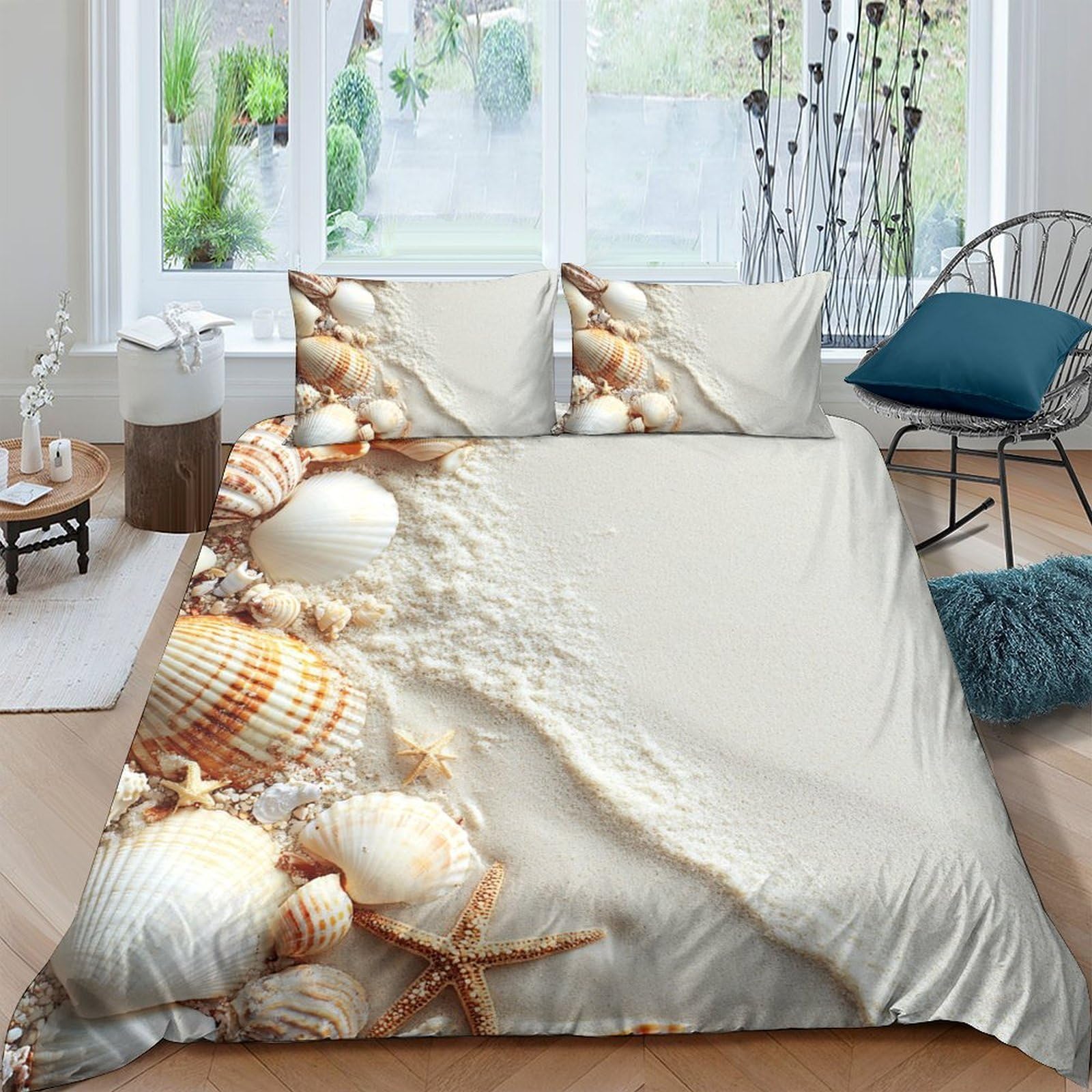 GPLZQXKJNH 3D Printed Seashell Beach Duvet Cover Microfiber Soft Breathable Starfish Quilt Cover Set with 2 Pillowcases for Bedroom Decor Single（135x200cm）