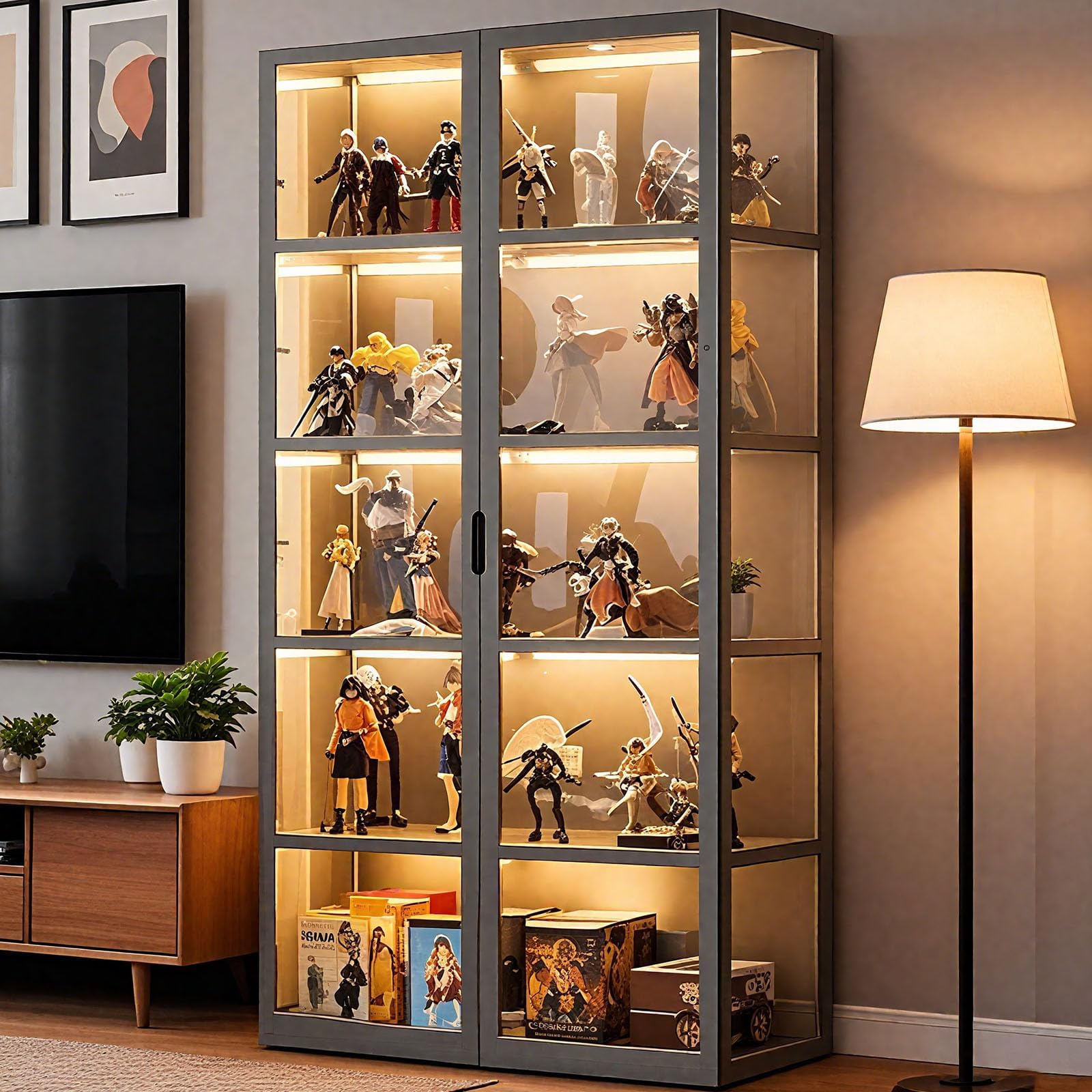 5-Tier Display Cabinet with Acrylic Glass Door, 65.5" High Display Case, Transparent Curio Cabinet&Bookcase for Collectibles, Toys, Books, for Playroom, Bedroom, Study Room (Grey Double Door)