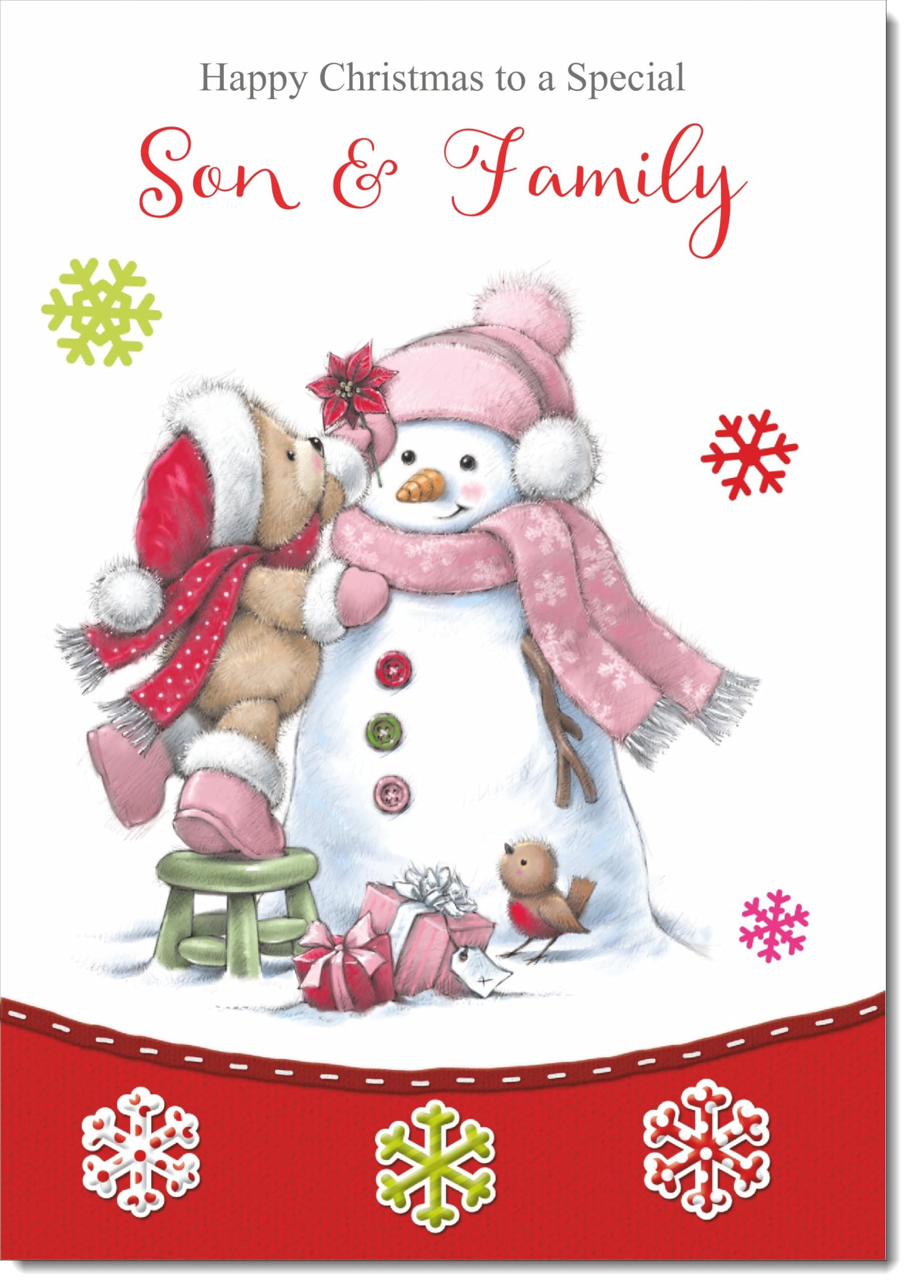 doodlecards Son and Family Christmas Card Cute Bear with Snowman Large A4 Size Christmas Card for Son & Family with Plain Envelope — image 1