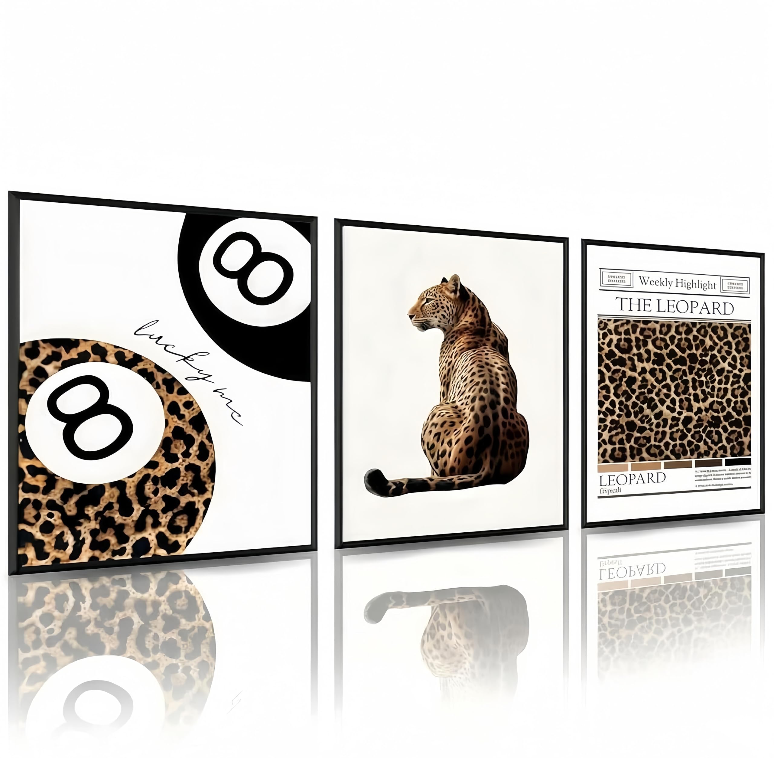 Linilioart 3PCS Funky Lucky 8 Ball Poster, Trendy Leopard Canvas Wall Art, Preppy Room Aesthetic Cheetah Wall Decor Pictures, Unframed (40x50cm)