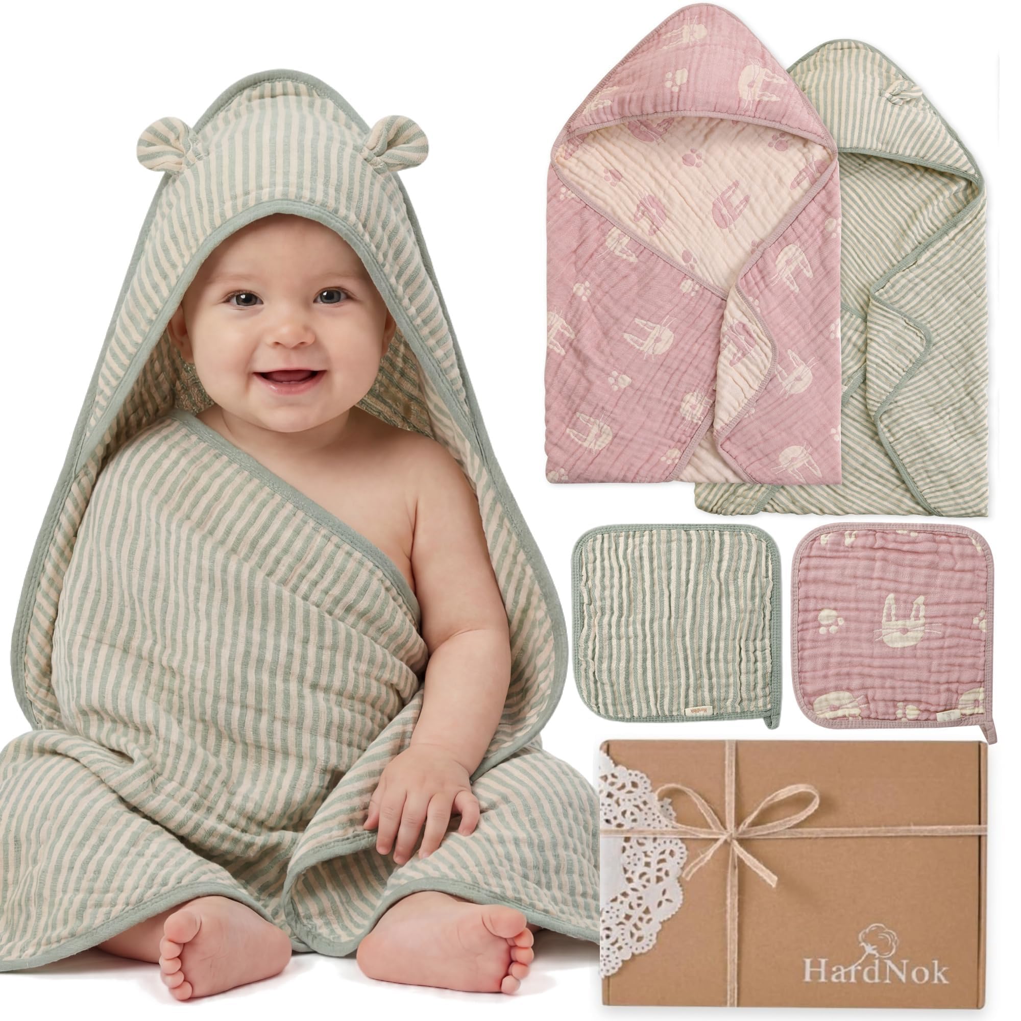 Muslin Baby Bath Towels Set Organic Cotton Blend (Blush Sage Bunny)