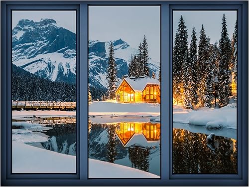 Miniatura 3 de SIGNWIN Adhesivo de pared extraíblemural de pared con vista de ventana de invierno nieve cabaña de Navidad naturaleza desierto fotografía realismo