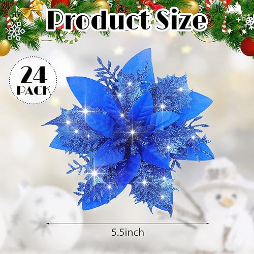 Miniatura 9 de 24 flores de Pascua artificiales con purpurina de 5.5 pulgadas, flores artificiales de Navidad con purpurina para árbol de Navidad, adornos de