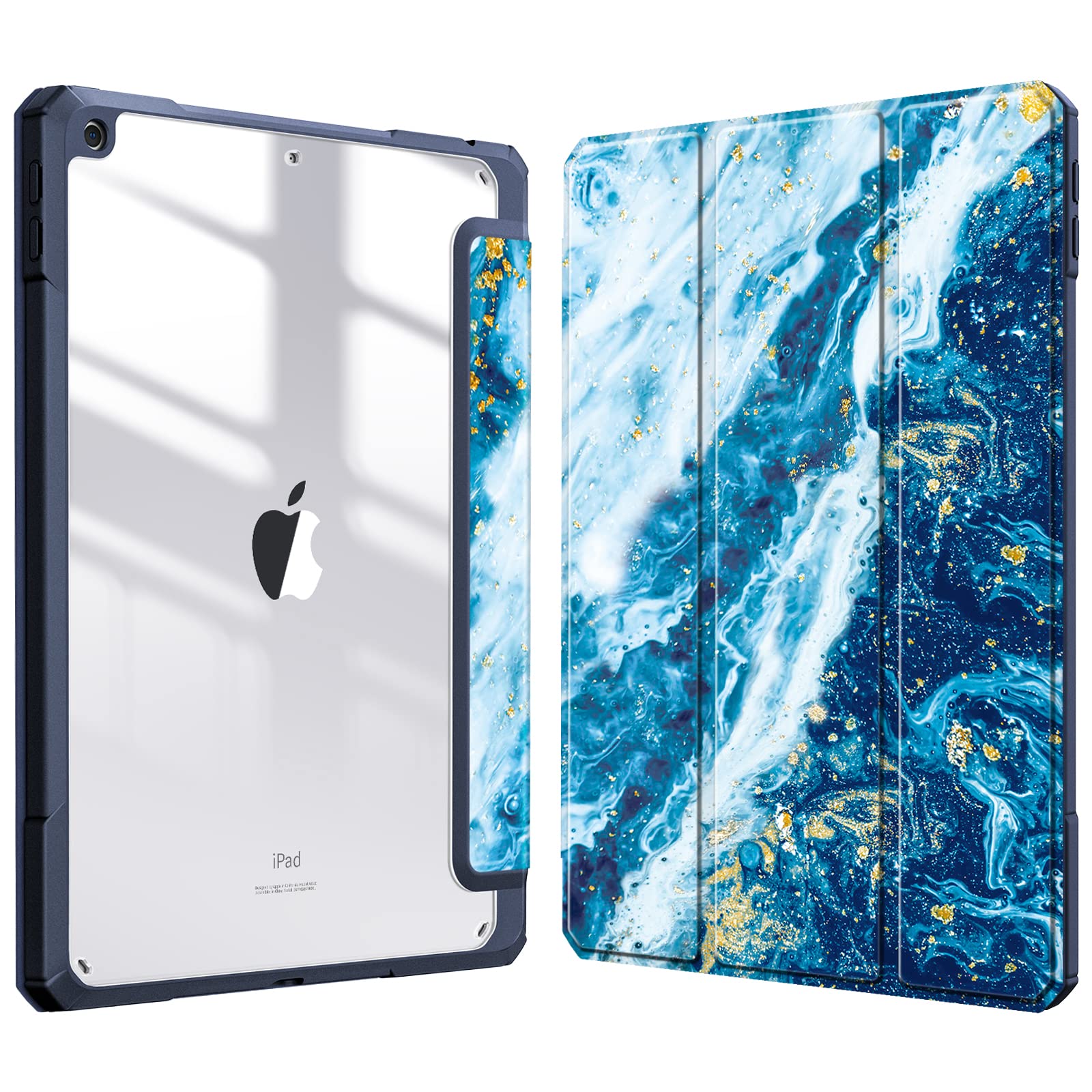 Fintie Hybrid Hülle für 10.2 Zoll iPad 9. Generation 2021/8. Gen 2020/7. Gen 2019 mit Stifthalter - Stoßfeste Schutzhülle mit transparenter Hartschale auf der Rückseite, Meeresblau