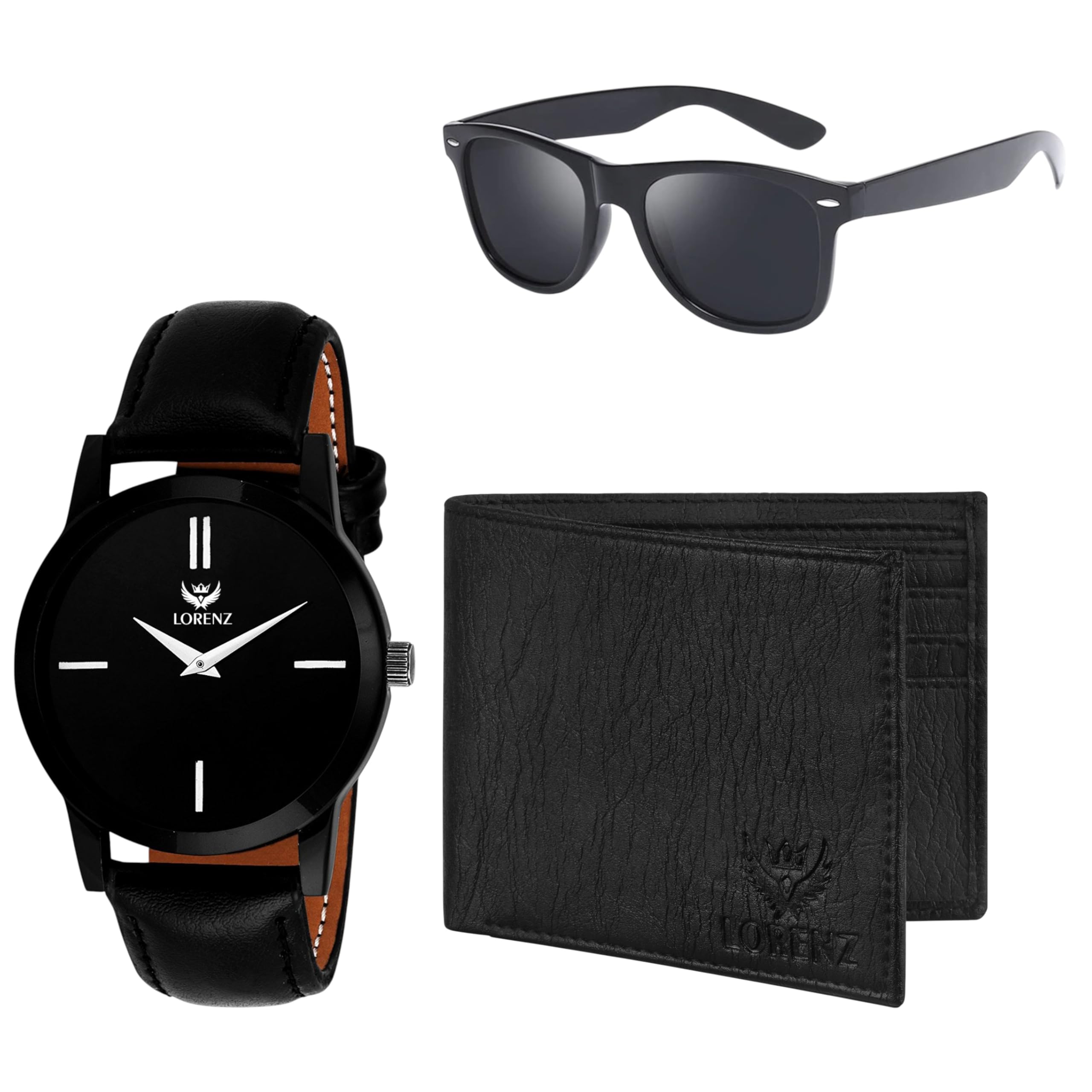 LORENZ Leather Analog Men's Gift Set Combo Of Black Watch Wallet & Sunglasses | Cm-103Sn-Wl-Blk
