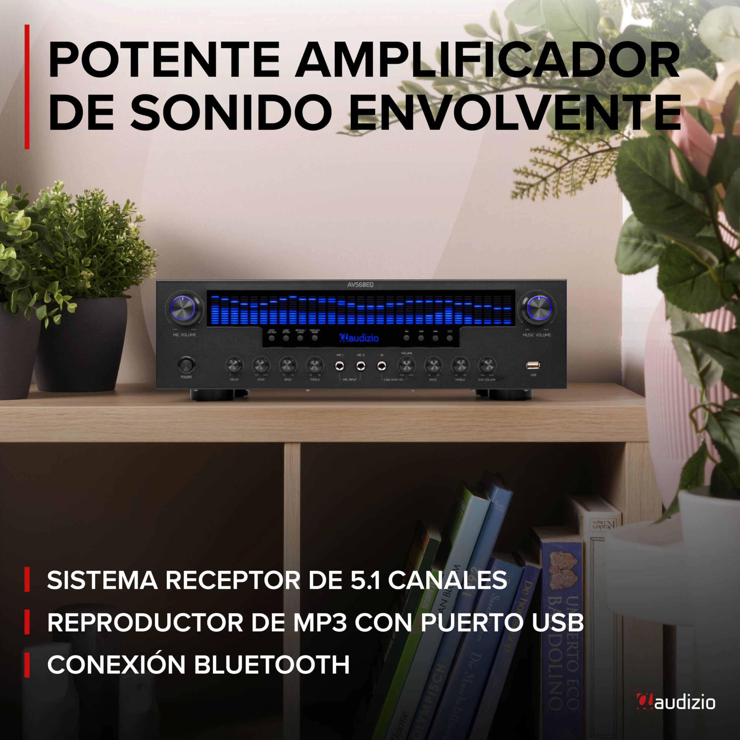 Audizio AV560EQ - Amplificador 5.1 con Bluetooth 5.0, USB, Radio FM, entradas óptica y coaxial, micrófonos con Eco y delay, 390W de Potencia Total, Mando a Distancia y diseño Elegante Negro