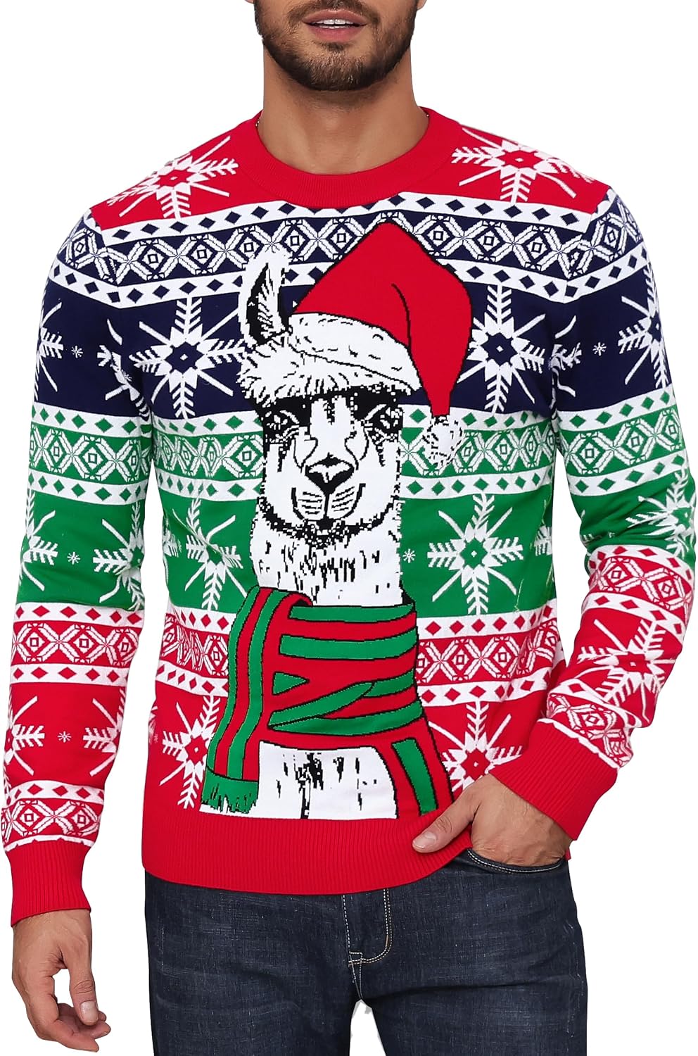 AGAPENG Ugly Christmas Sweater for Men Funny Santa Llama Snowflakes Xmas Holiday Long Sleeve Knitted Pullover Sweaters