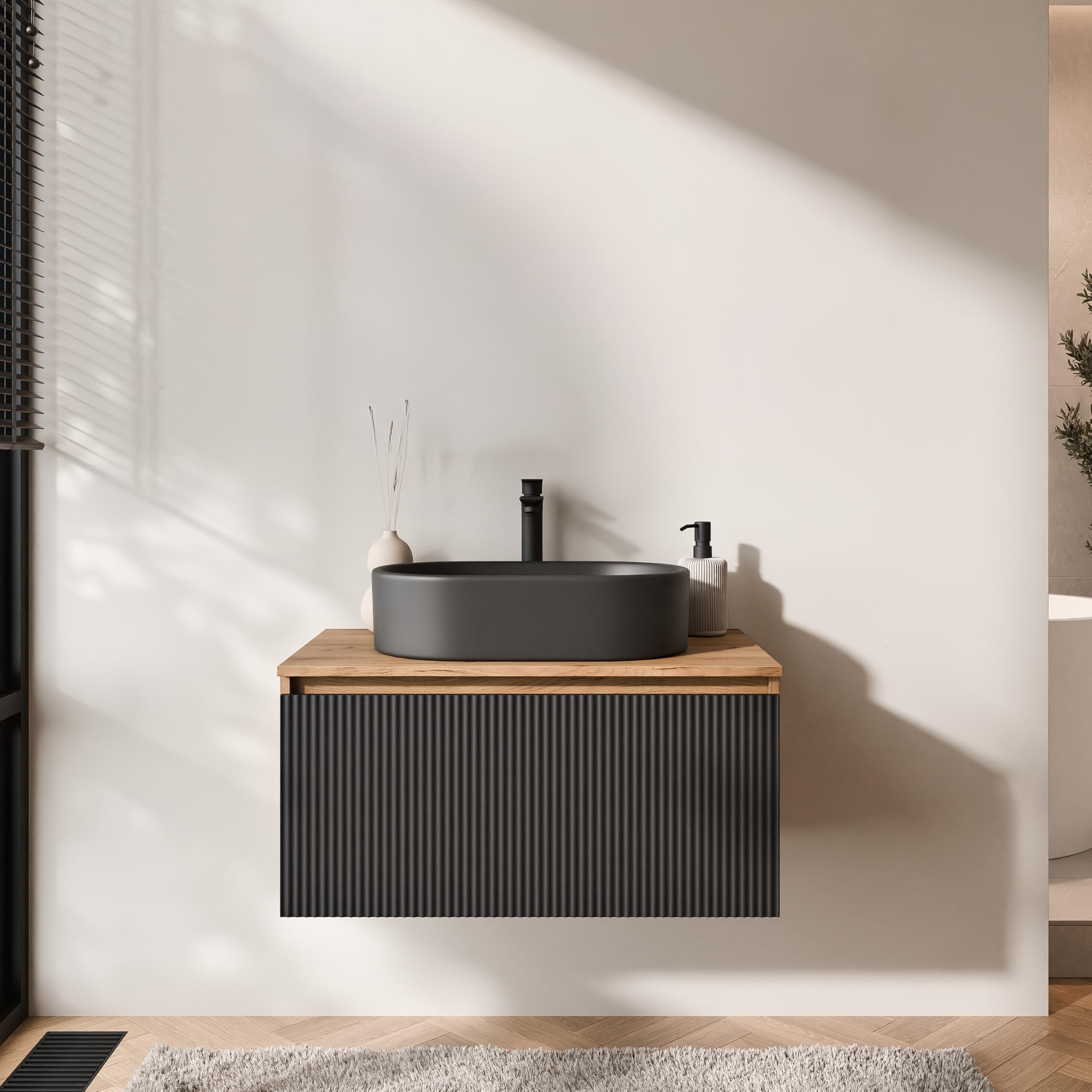 Planetmöbel - Set di mobili da bagno, composto da mobile sottolavabo da 80 cm in oro, rovere nero (a righe), lavandino da 55 cm nero, incluso sifone salvaspazio
