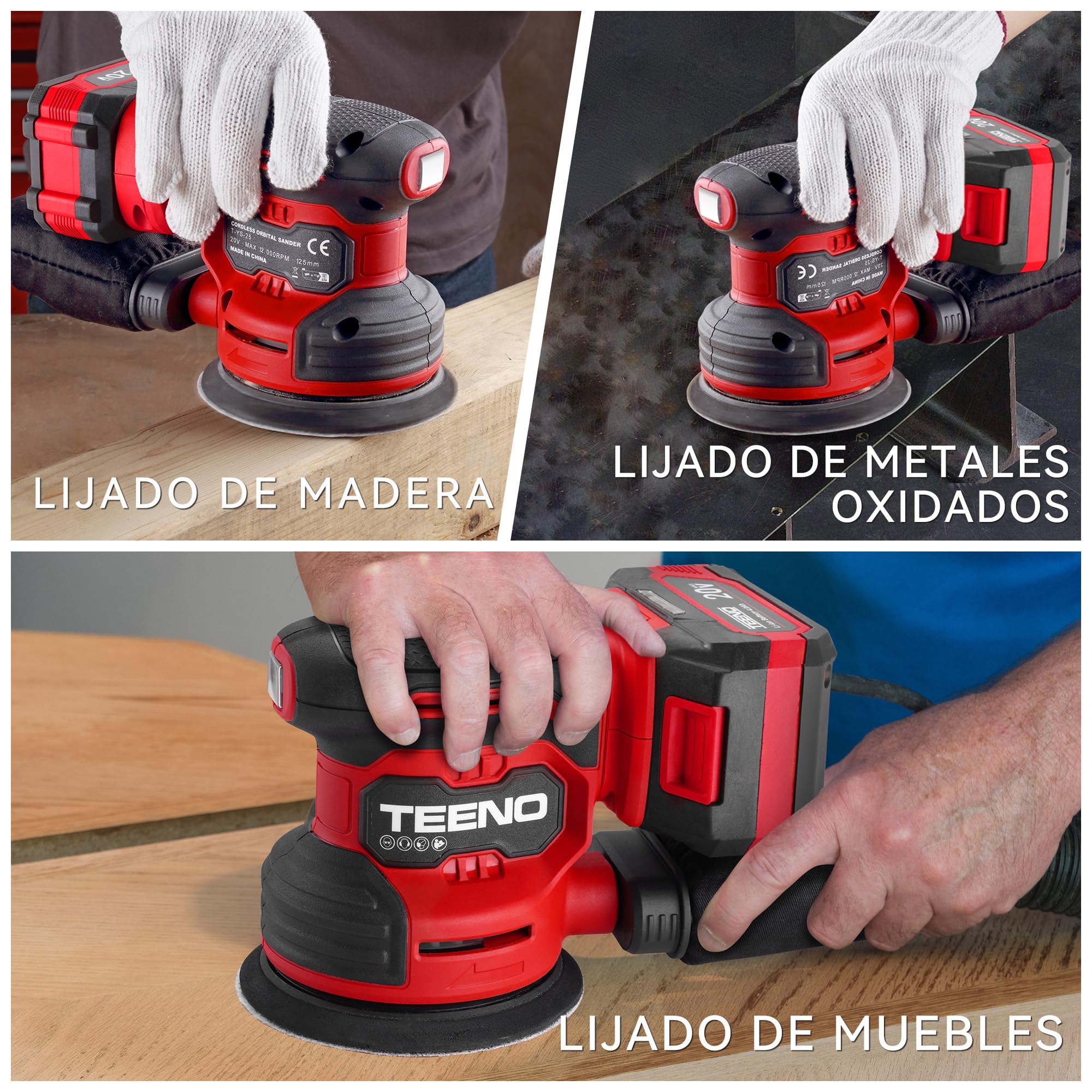 TEENO Lijadora Excéntrica a Batería 4A,Lijadora Orbital 20V,6000-12000 rpm | Diámetro: 125 mm,6 Velocidades,25 Papeles de Vidrio