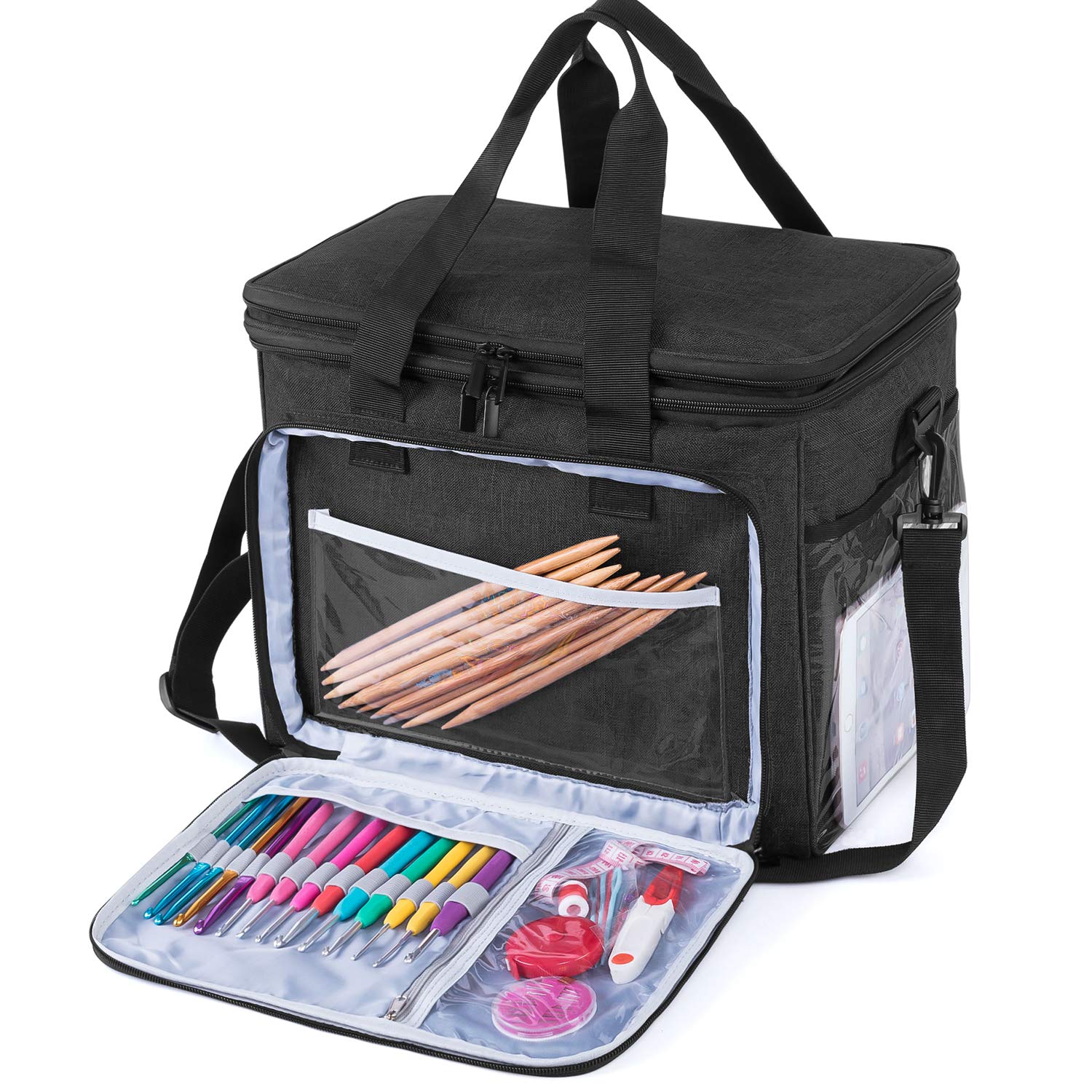 Teamoy Sac de Rangement pour Laine, Organiseur de Tricot Portable avec Bandoulière Amovible, Sac de Voyage pour Aiguilles, Crochets et Accessoires de Couture, Noir