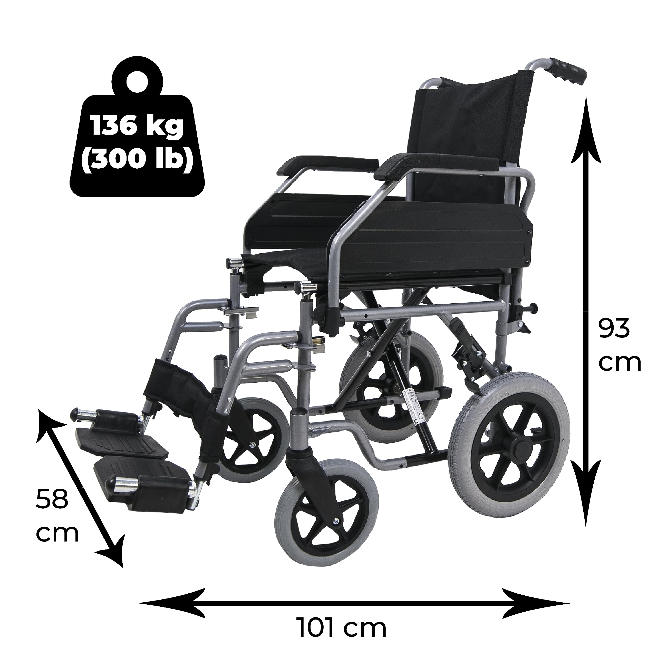 SANITEC - Silla de Ruedas de Acero Ligero para Minusválidos, Plegable, Resistente, 136 Kg, Freno manual, Reposapiés y Reposabrazos abatibles y extraíbles. Ortopedia y Ayudas Técnicas